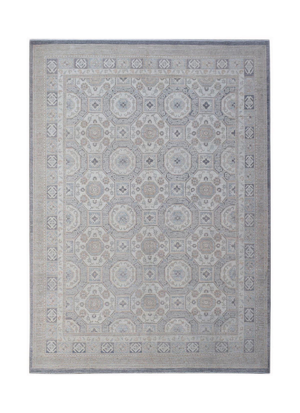 Hand-knotted Afghan Chobi rug featuring a geometric medallion pattern in soft grey, beige, and muted blue tones.