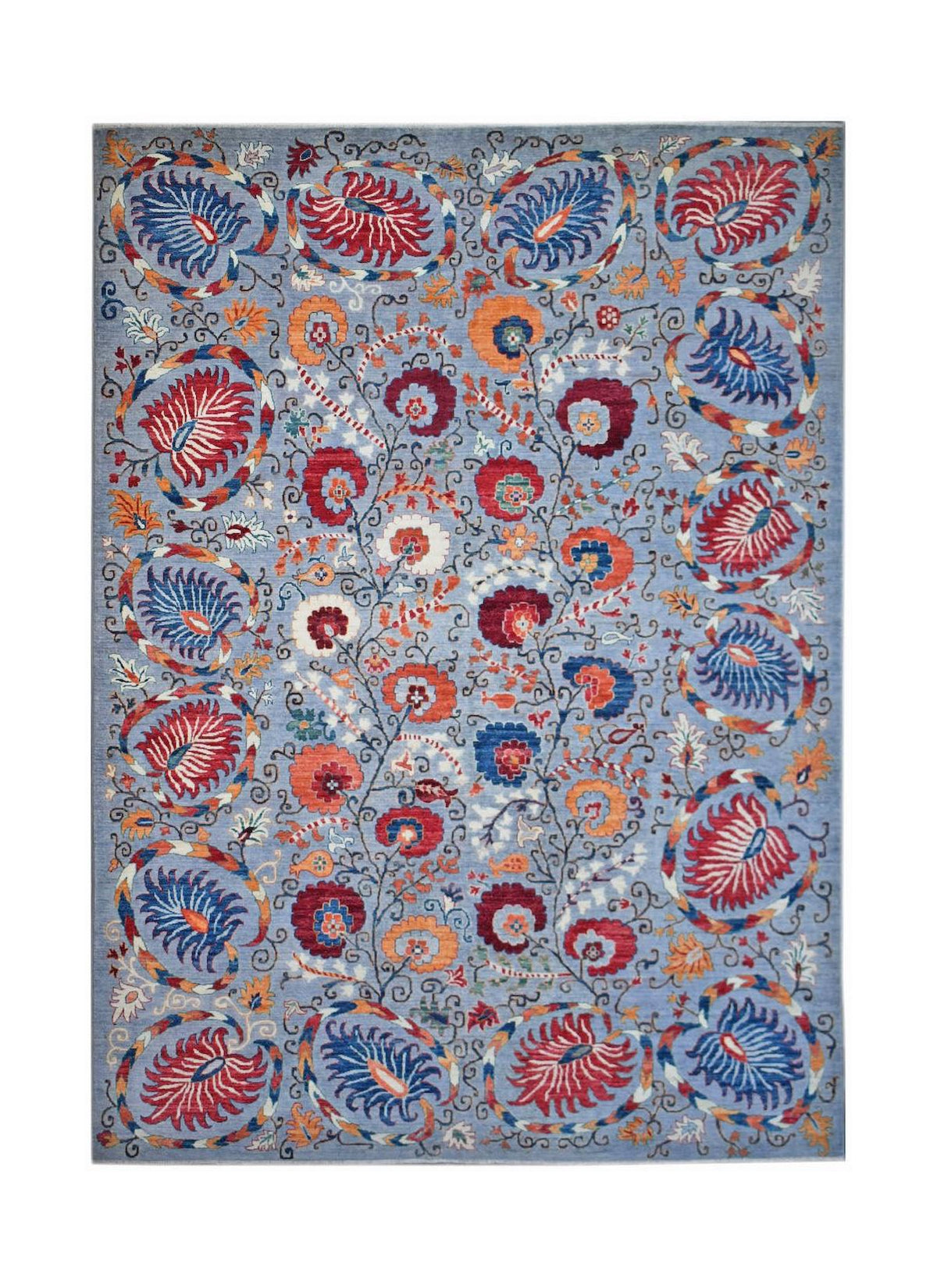 An Afghan Chobi rug featuring a floral pattern in red and blue on a light blue background.