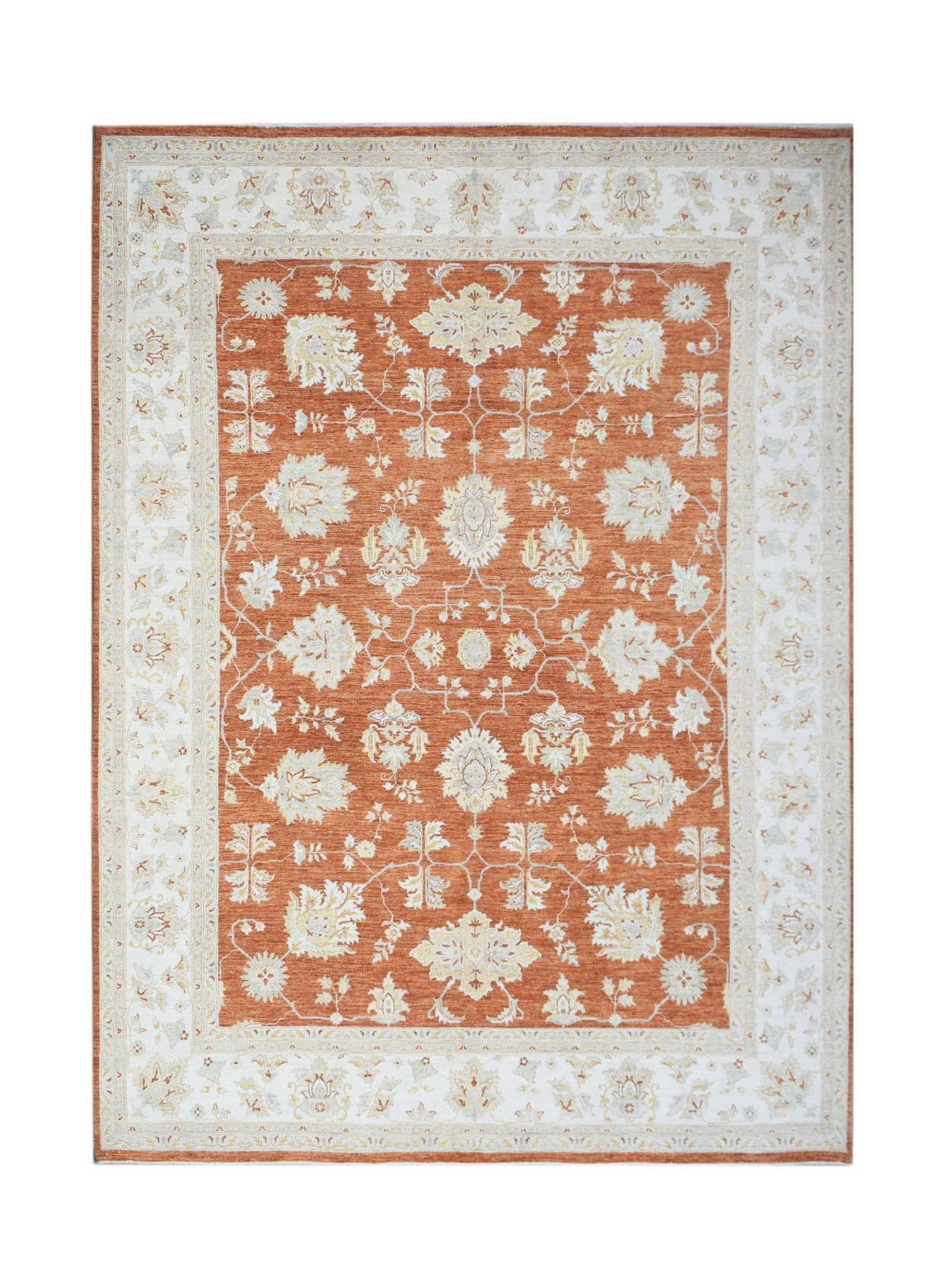 Hand-knotted Afghan Chobi rug featuring a terracotta field with intricate cream floral patterns and a wide border.