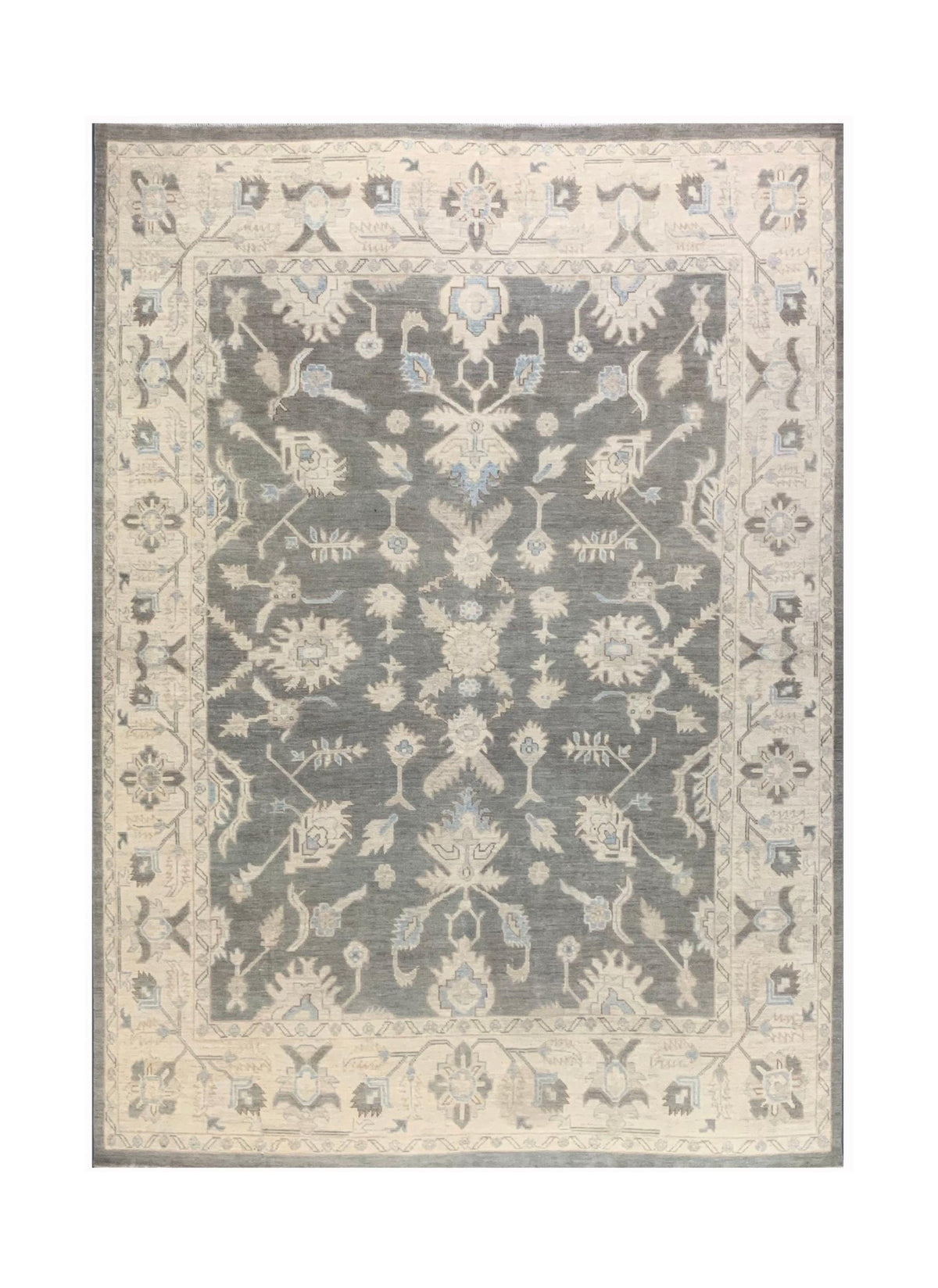 A handmade Afghan Chobi rug featuring a traditional floral pattern in grey, cream, and blue tones.
