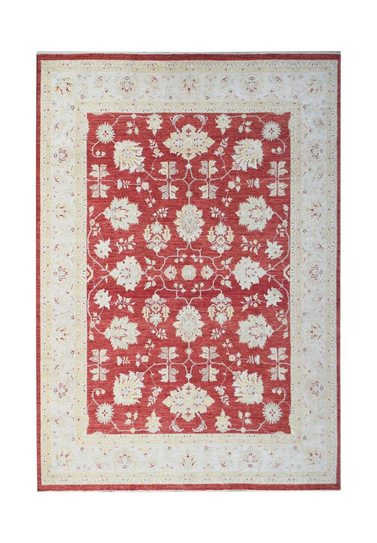 Hand-knotted Afghan Chobi rug featuring a red field with cream floral motifs and a wide, detailed cream border.