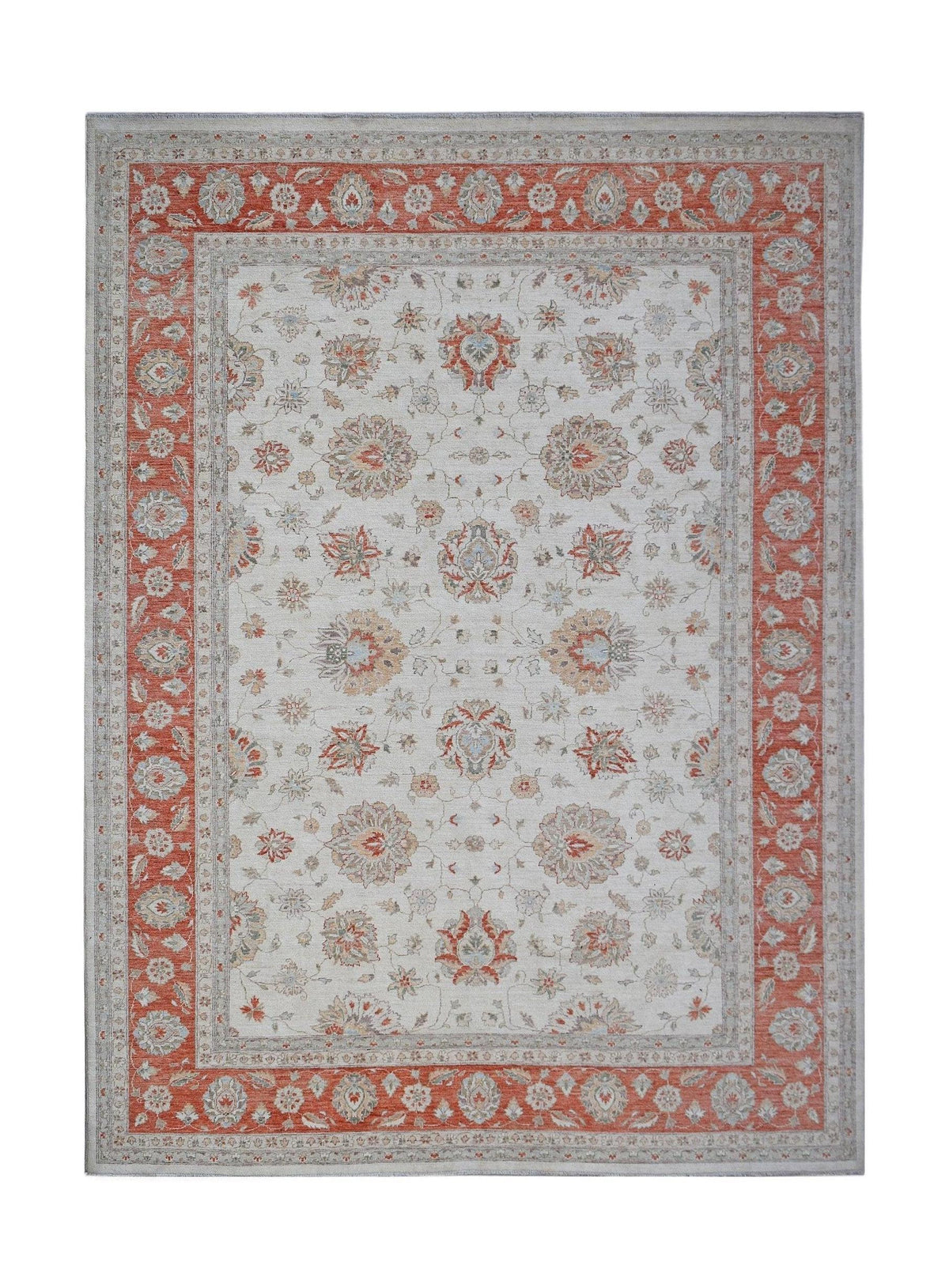 Hand-knotted Afghan Chobi rug featuring a cream field with intricate floral motifs in terracotta and soft grey tones.