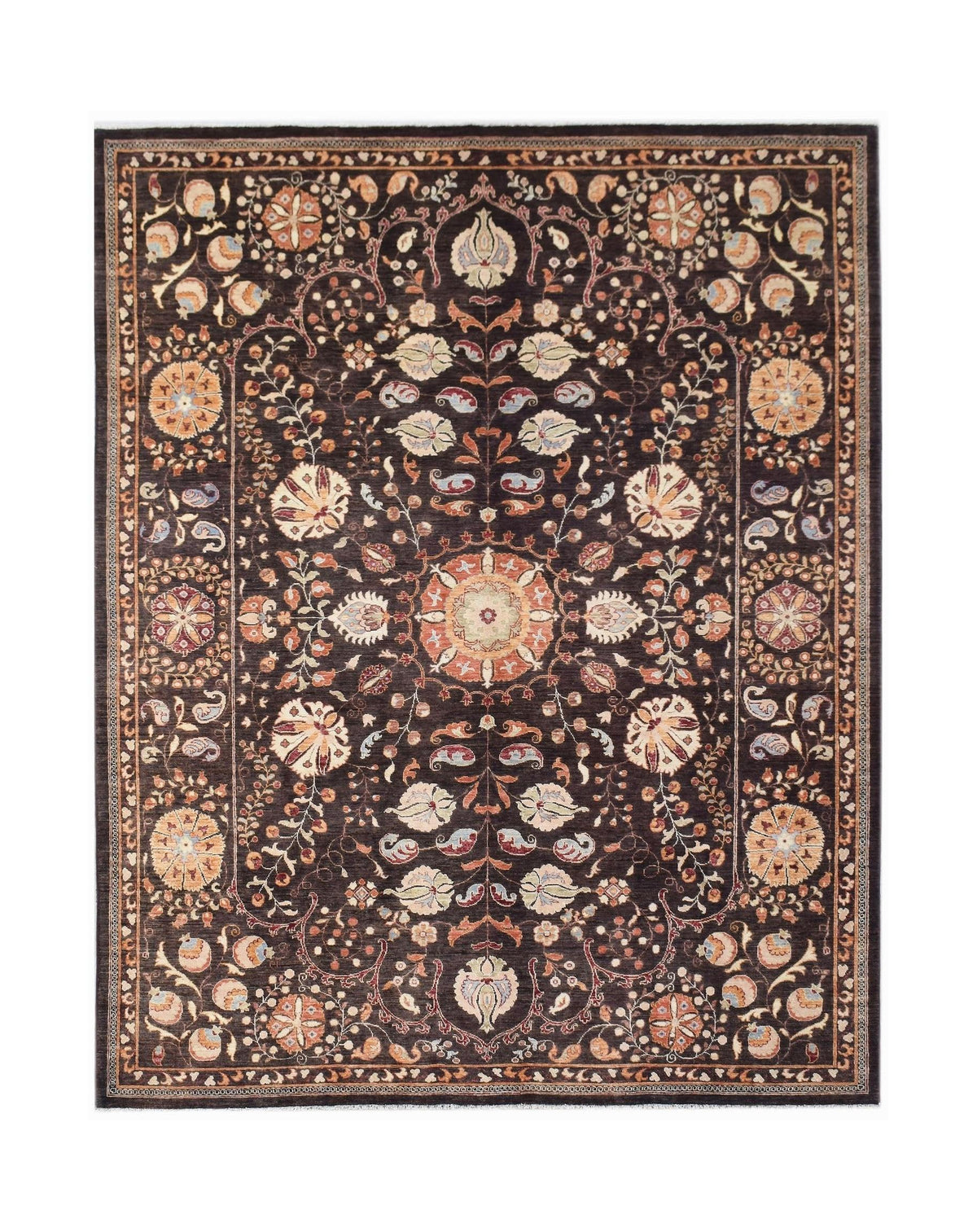 Hand-knotted Afghan Chobi rug featuring a dark brown field with a floral Suzani pattern in soft orange and cream tones.