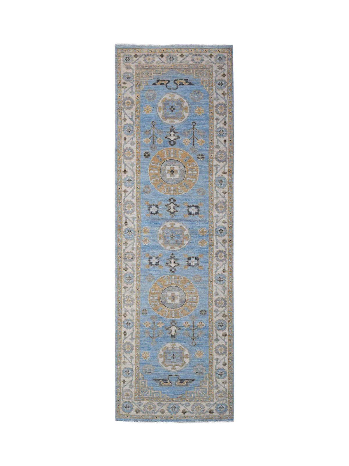 Hand-knotted Afghan Chobi runner in blue with a traditional Khotan medallion pattern and a detailed cream border.