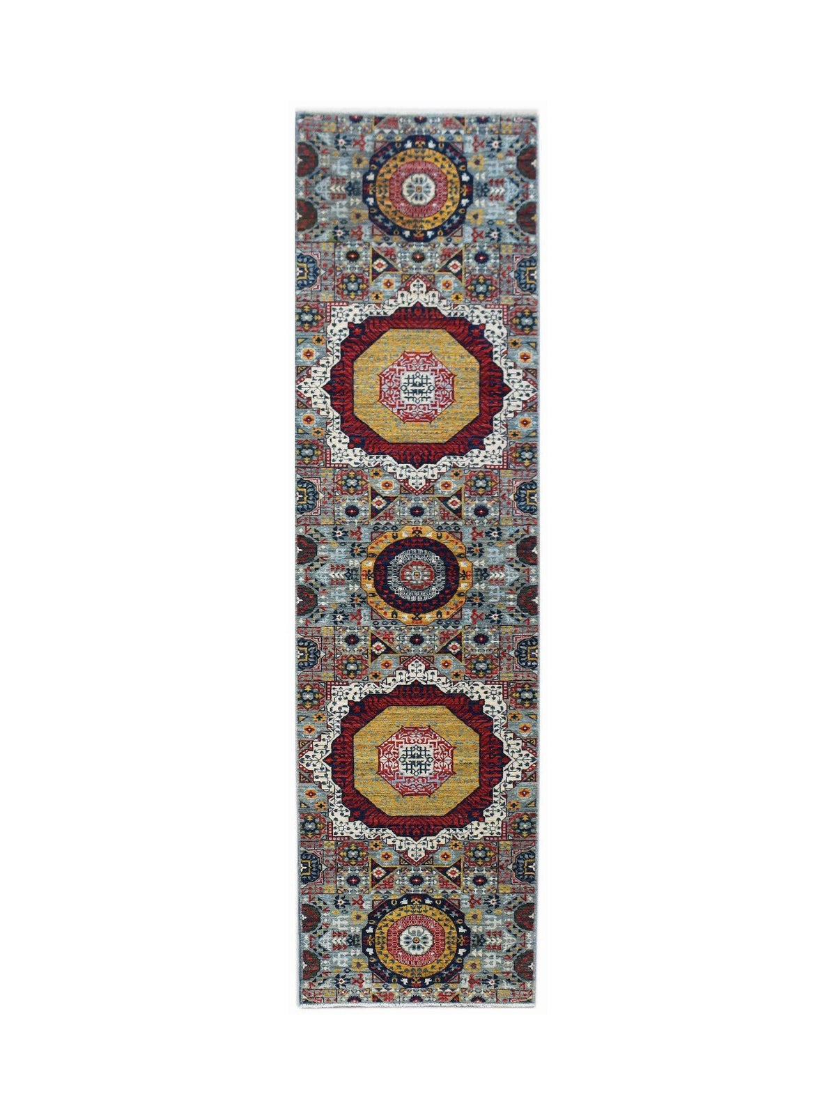 Hand-knotted Afghan Chobi runner with a geometric Mamluk design in jewel-toned red, yellow, and blue on a grey background.