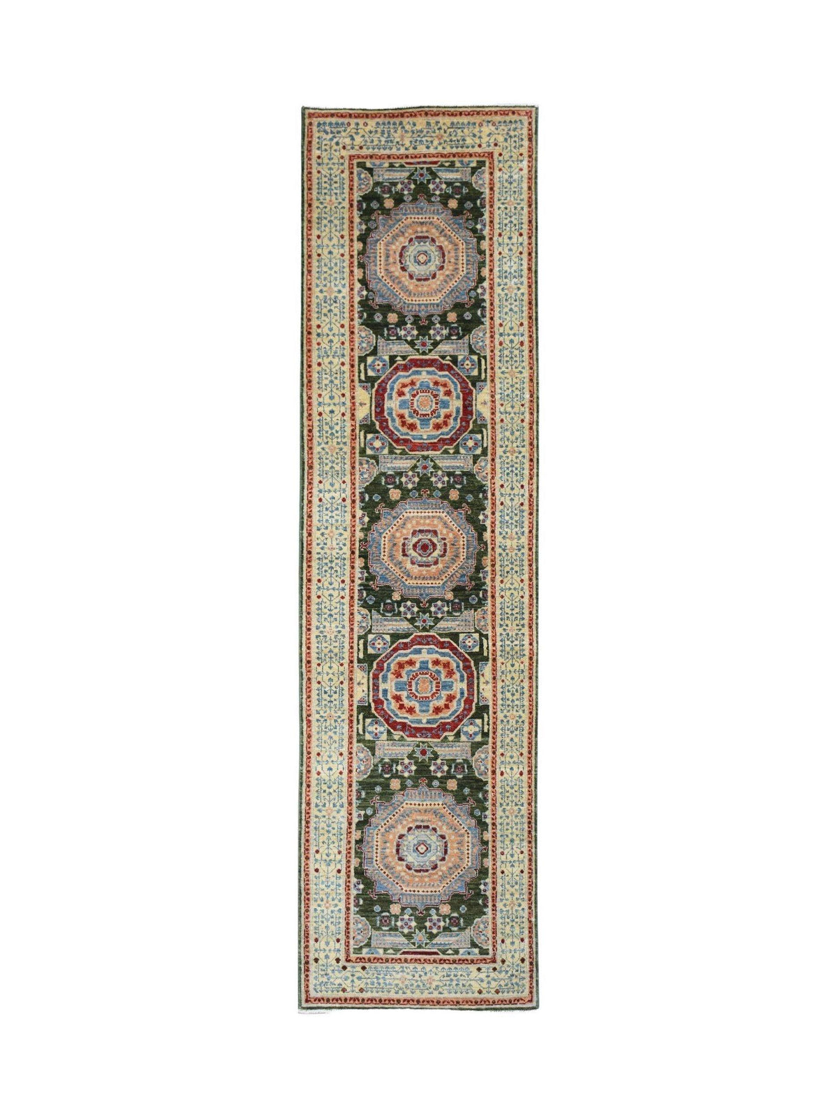 Hand-knotted Afghan Chobi runner featuring a geometric Mamluk design with repeating octagons in jewel tones on green.