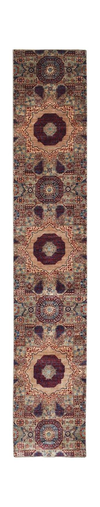 Handmade Afghan Chobi runner rug featuring a repeating Mamluk medallion pattern in earthy tones.