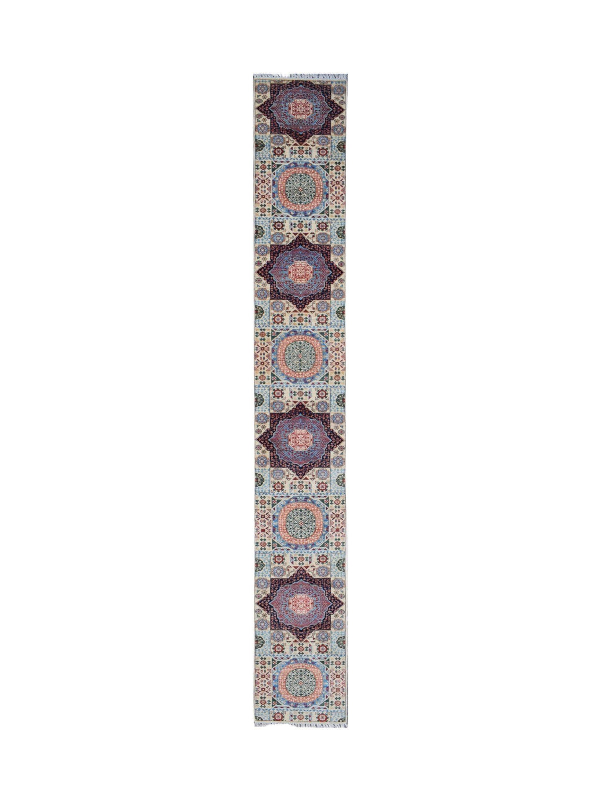 Hand-knotted Afghan Chobi runner featuring a geometric Mamluk design with repeating jewel-toned octagons and star motifs.