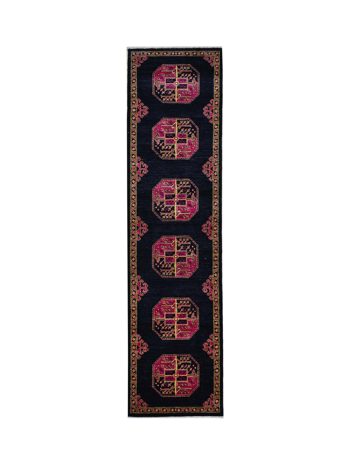 Hand-knotted Afghan Chobi runner with a dark navy field, repeating magenta octagonal motifs, and a detailed border.