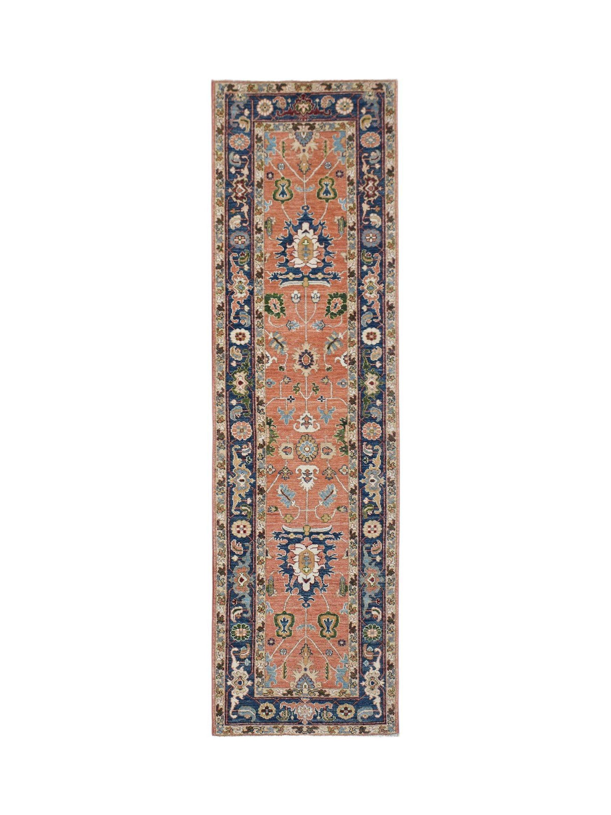Hand-knotted Afghan Chobi runner with a terracotta field, blue borders, and intricate floral motifs in a low-pile wool.