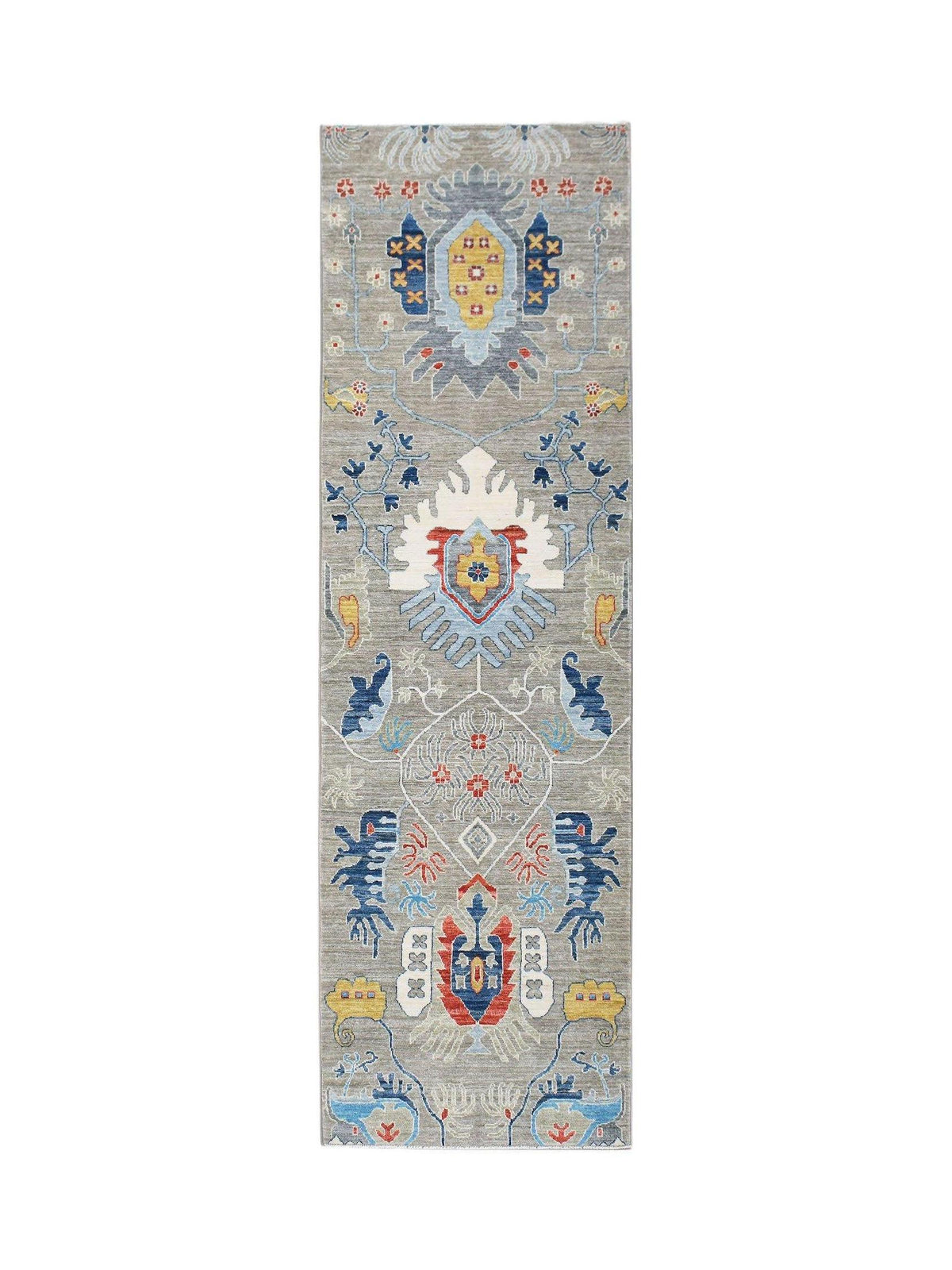 Hand-knotted Afghan Chobi runner featuring a grey field with repeating blue, red, and yellow floral motifs.