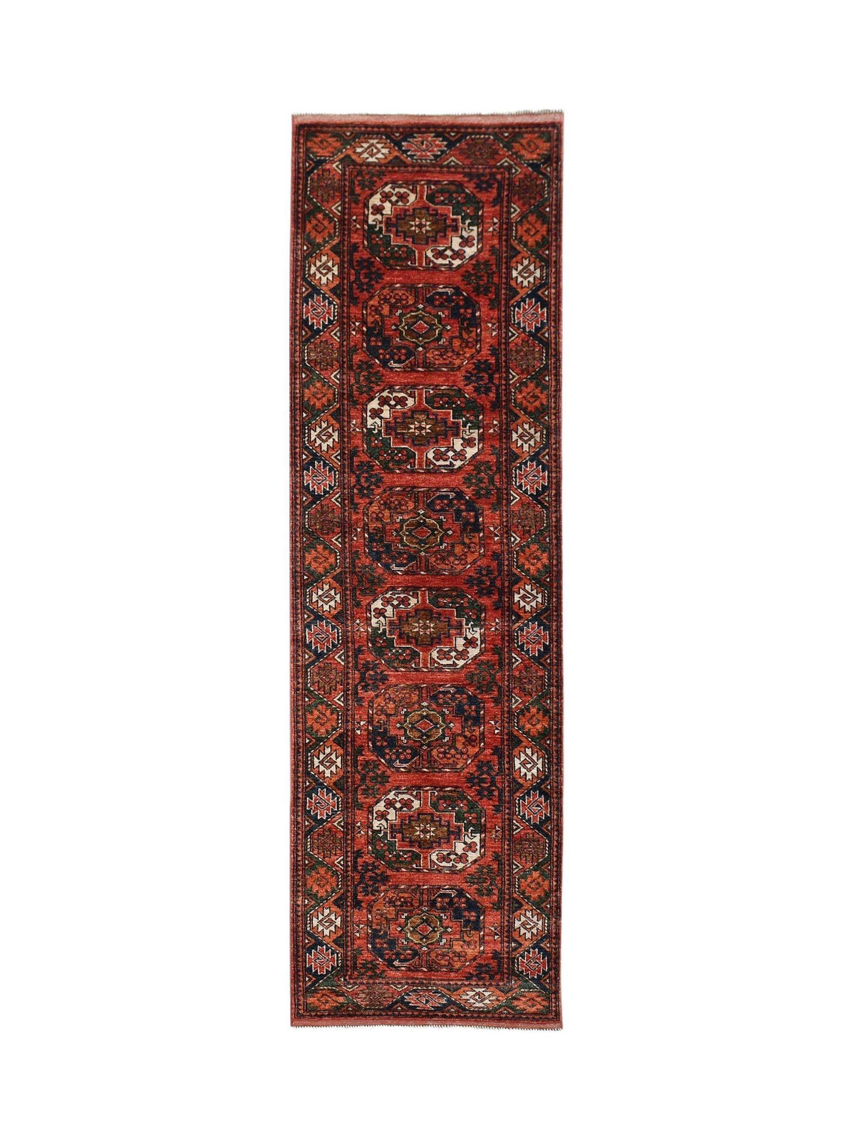 Hand-knotted Afghan Chobi runner in deep red with repeating geometric medallions and a fine wool pile.