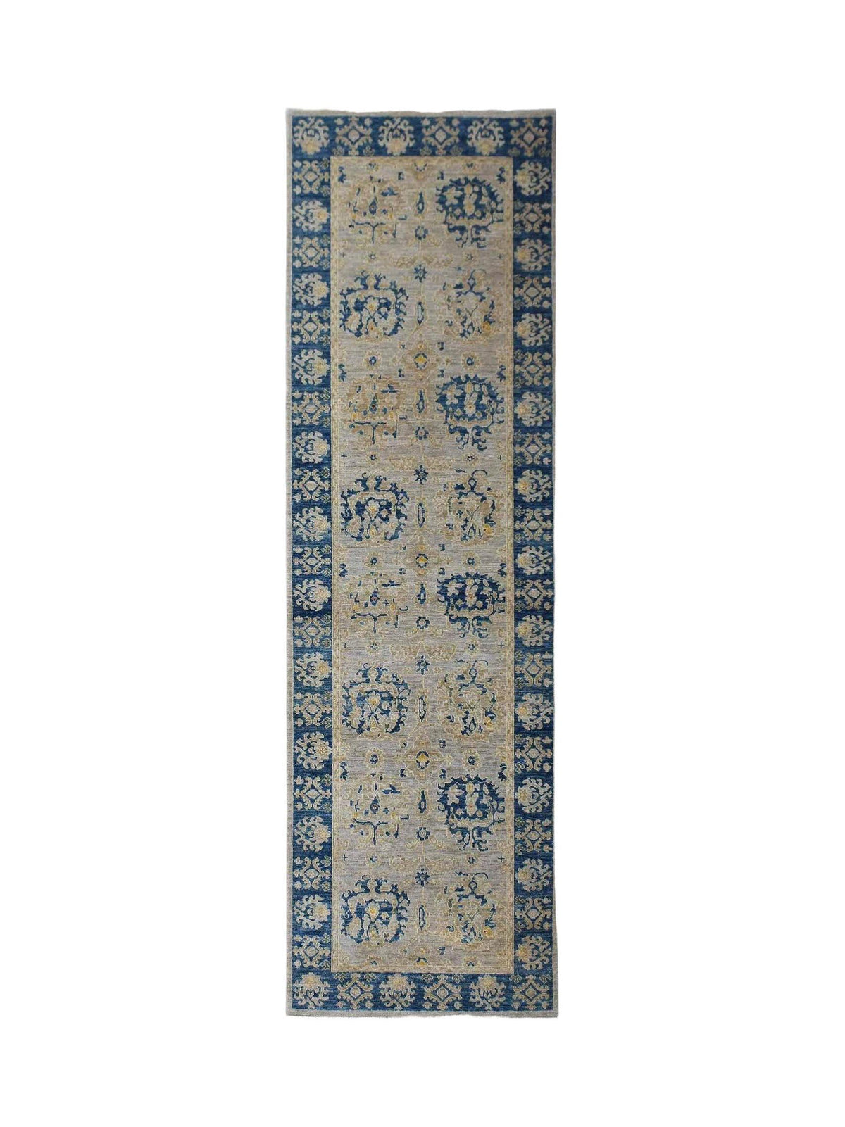 Hand-knotted Afghan Chobi runner with a blue and beige floral pattern, low pile wool, and a decorative border.