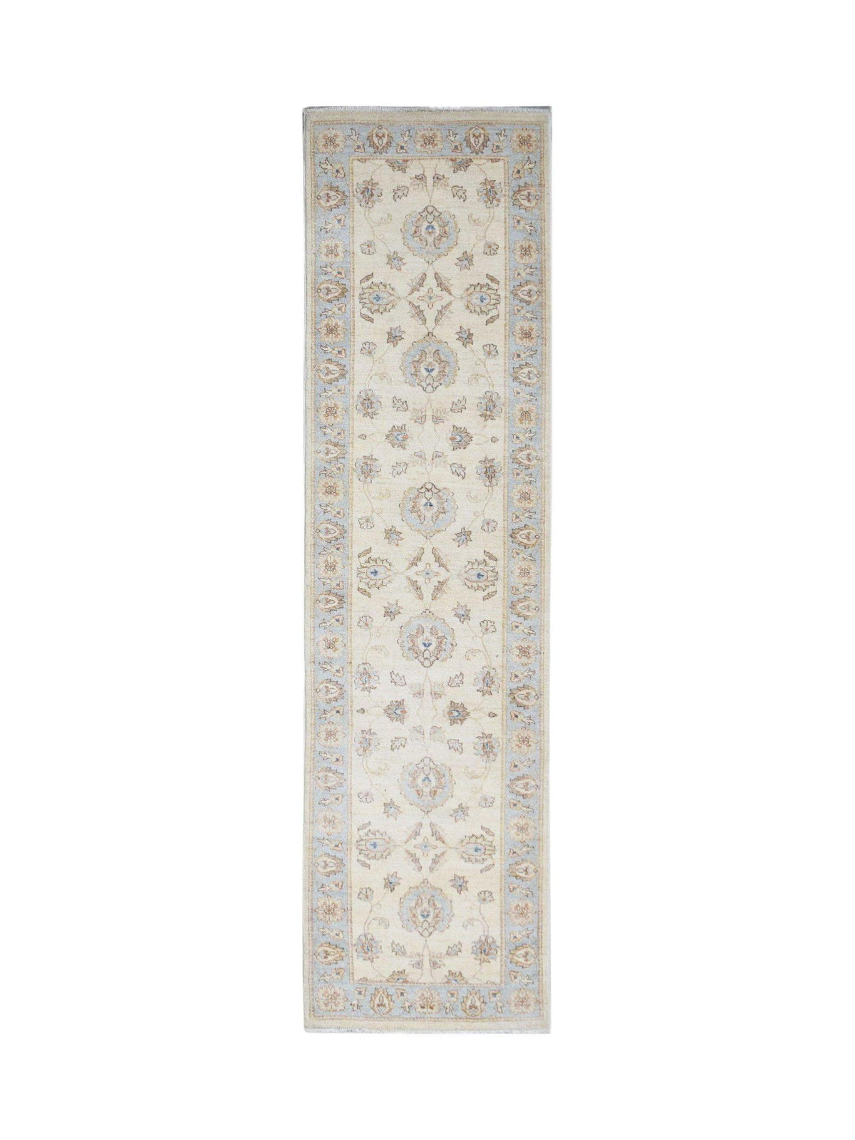 Hand-knotted Afghan Chobi runner featuring a floral pattern in soft blue and cream tones with a low-pile wool finish.