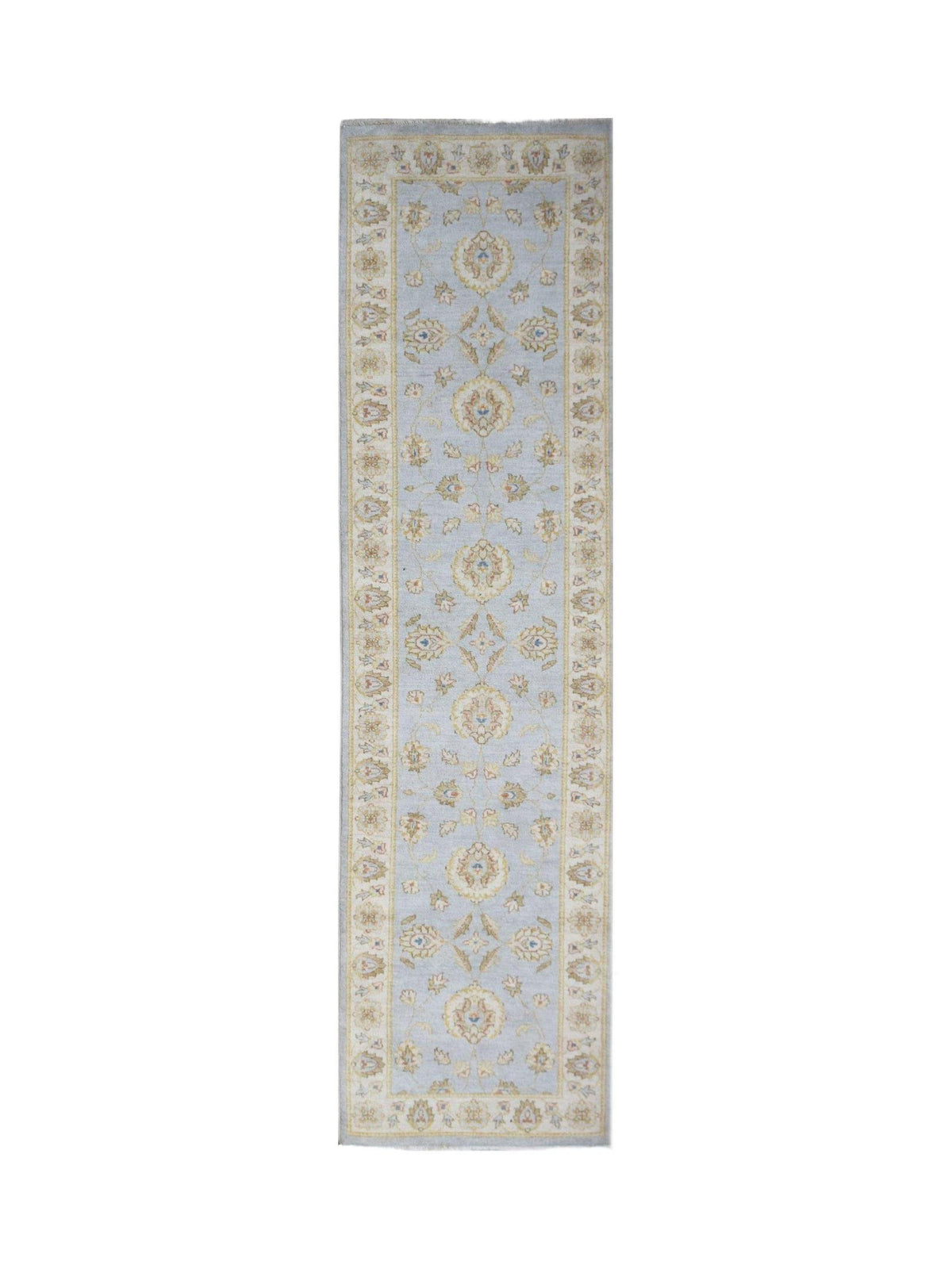 Hand-knotted Afghan Chobi runner in light blue with a repeating floral motif and a cream border.