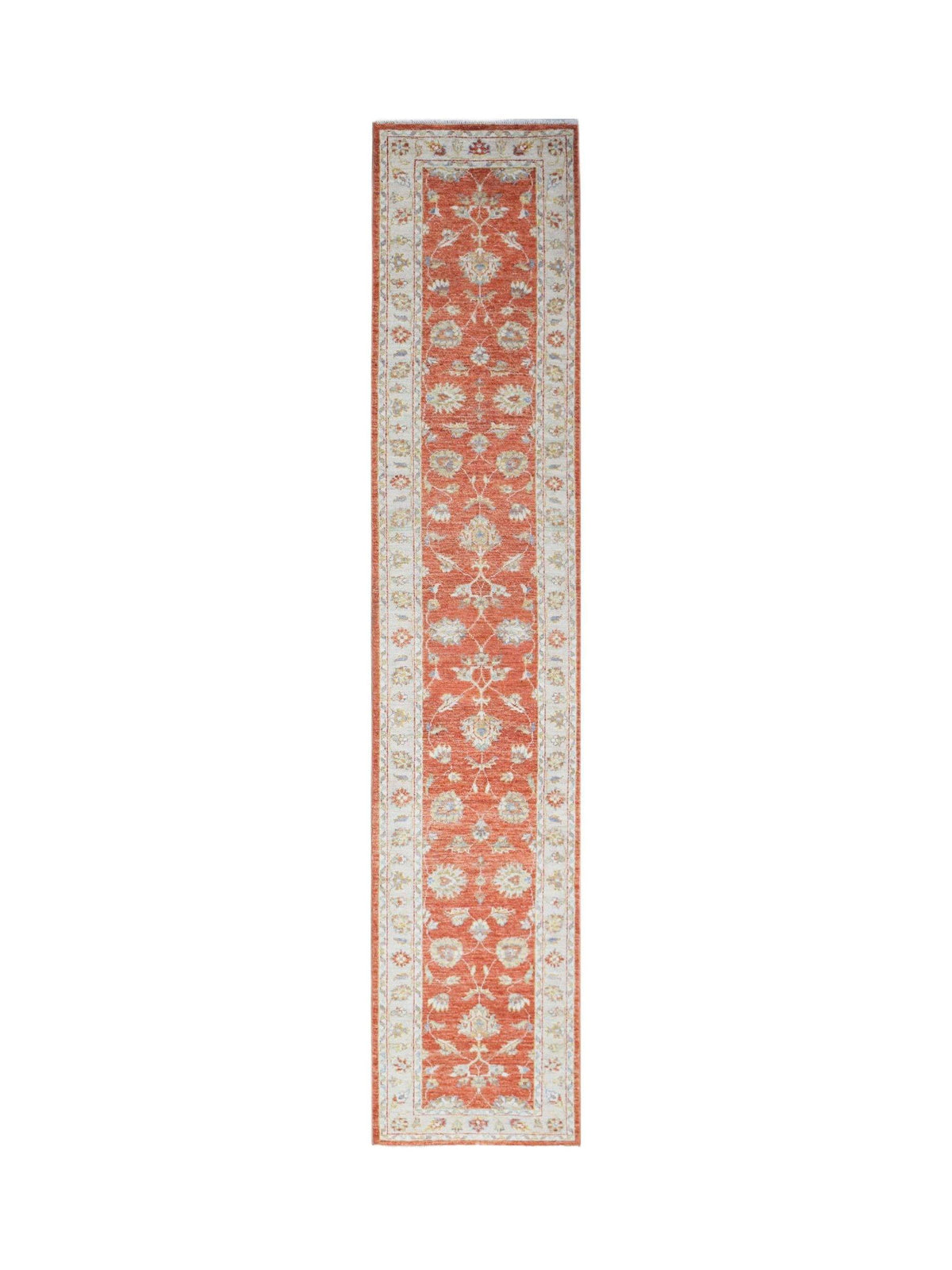 Hand-knotted Afghan Chobi runner in terracotta red with a cream floral border and intricate repeating motifs.