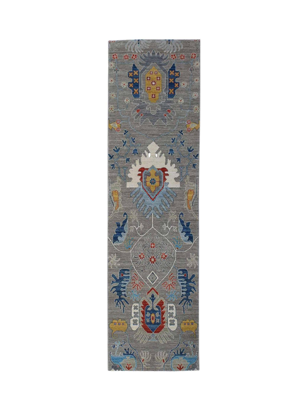 Hand-knotted Afghan Chobi runner in grey wool with a repeating colourful floral and geometric pattern.