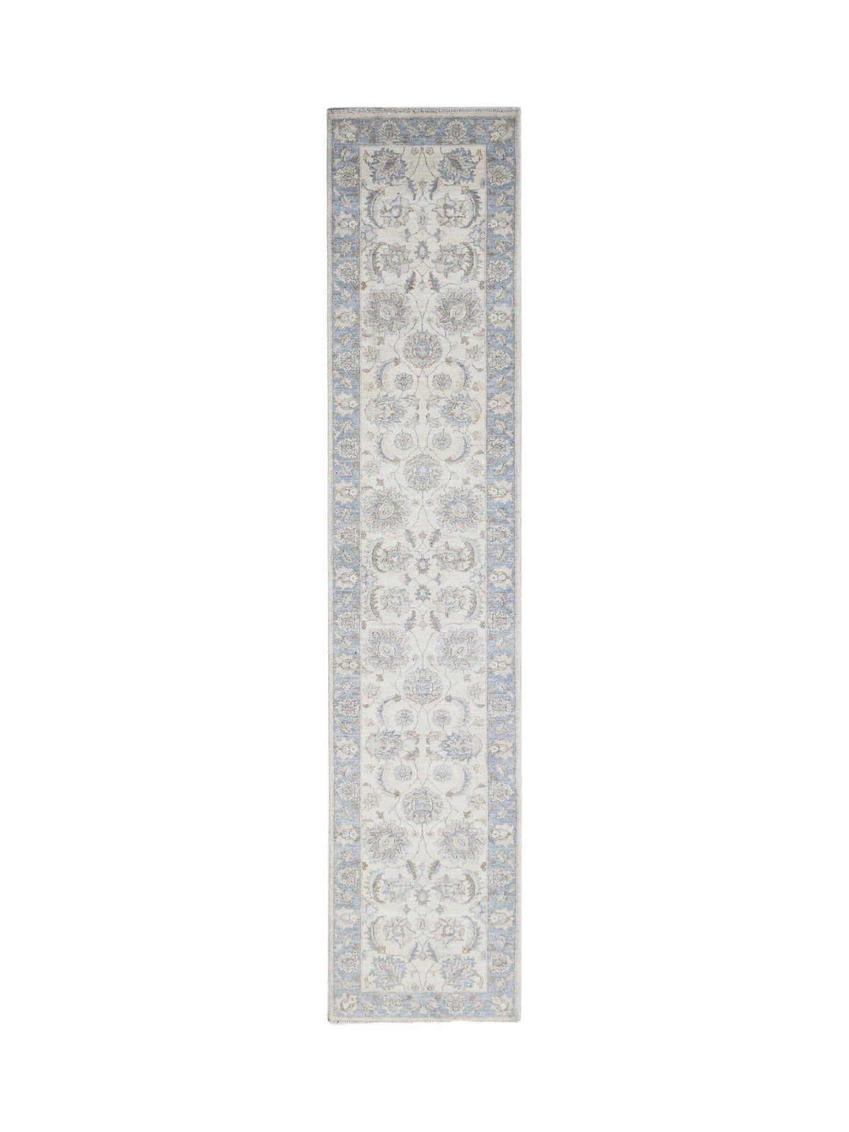 Hand-knotted Afghan Chobi runner featuring a cream field with intricate floral motifs in soft blue and beige tones.