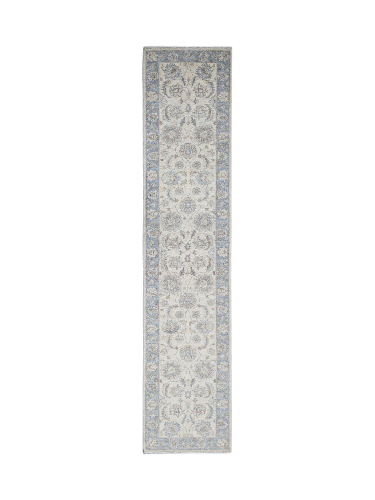Hand-knotted Afghan Chobi runner featuring a floral pattern in soft blue and cream tones on a low-pile wool surface.