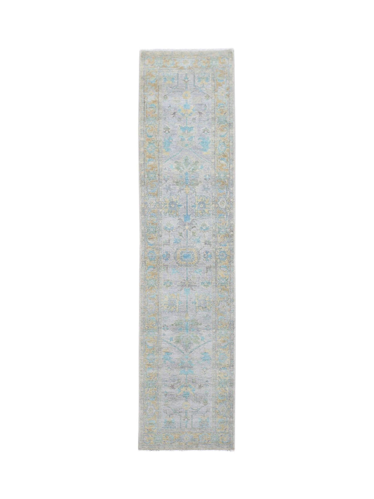 Hand-knotted Afghan Chobi runner in soft grey, blue, and gold with a traditional repeating floral pattern.