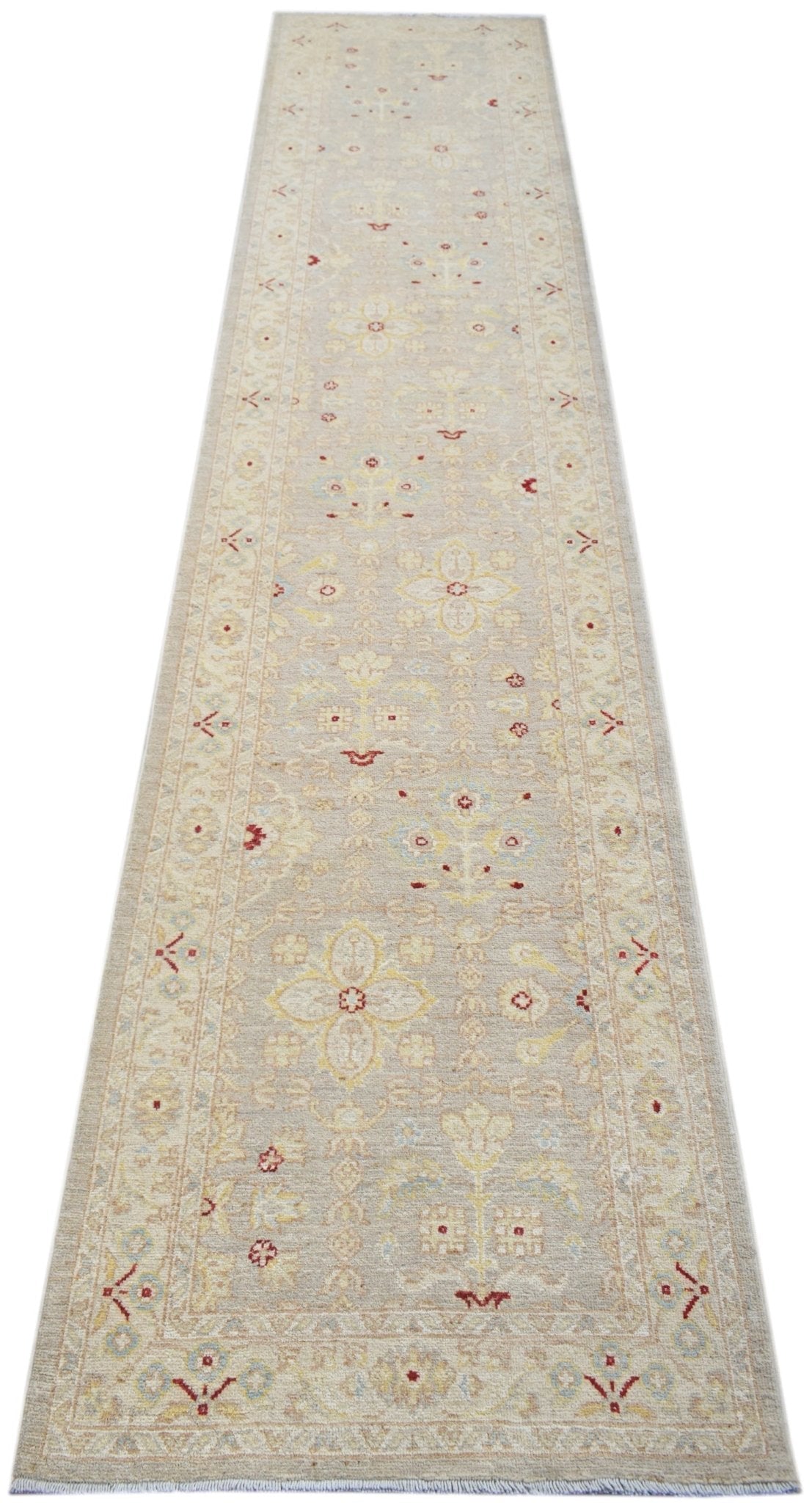 Hand-knotted Afghan Chobi runner in beige with a low pile, floral motifs, and subtle red and blue accents.