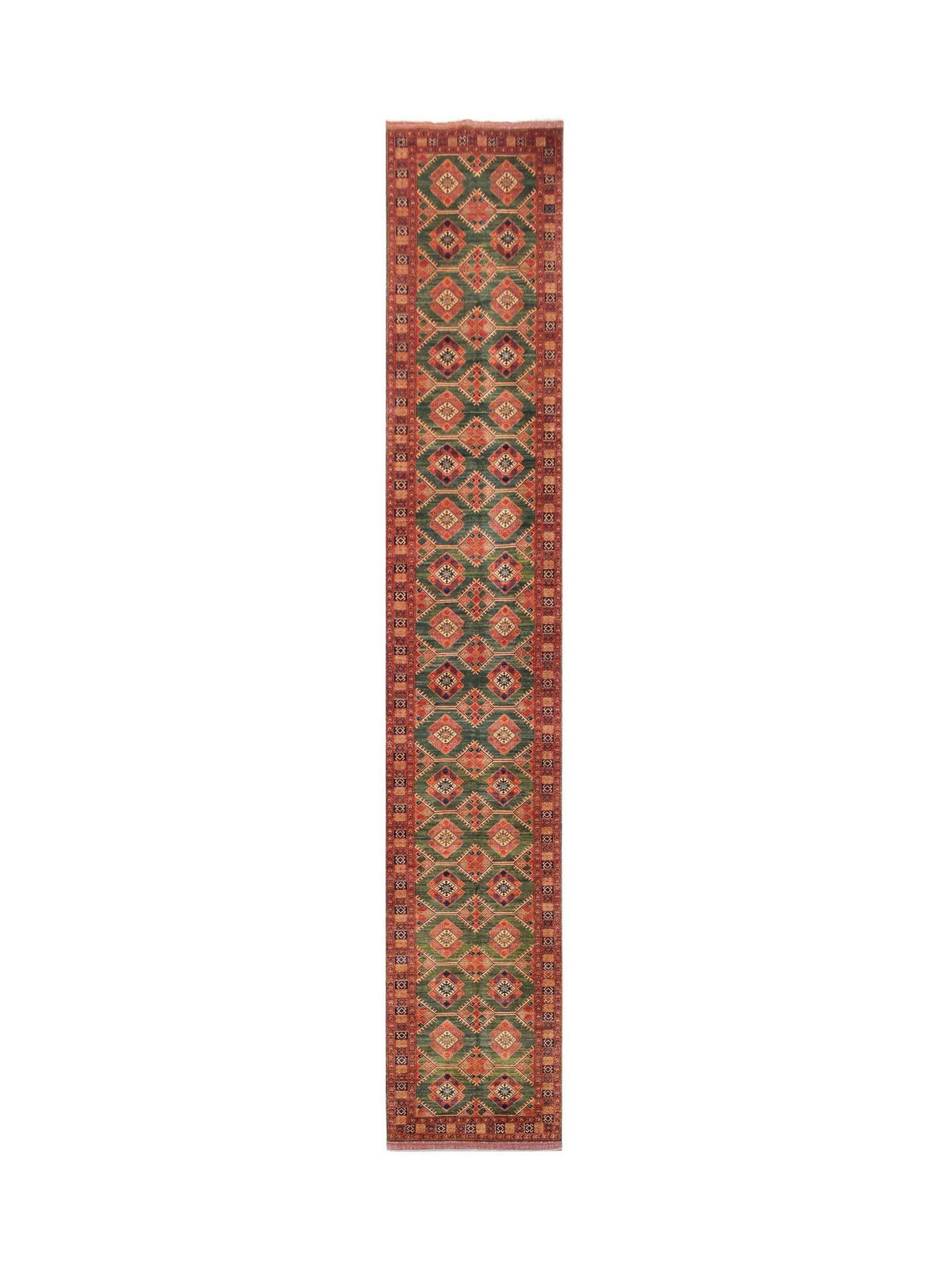 Hand-knotted Afghan Chobi runner featuring a repeating geometric diamond pattern in green, red, and cream with fringe.
