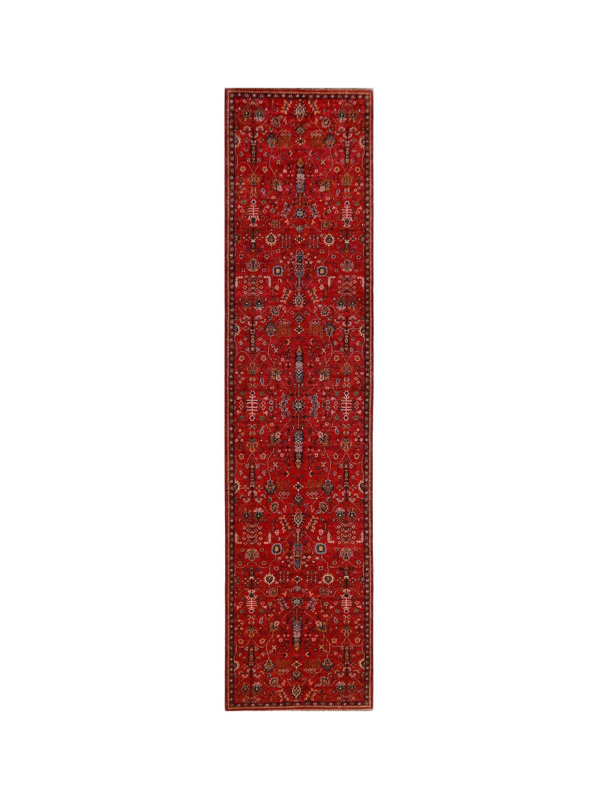 Hand-knotted red Afghan Chobi runner featuring a detailed Tree of Life pattern and a low wool pile.