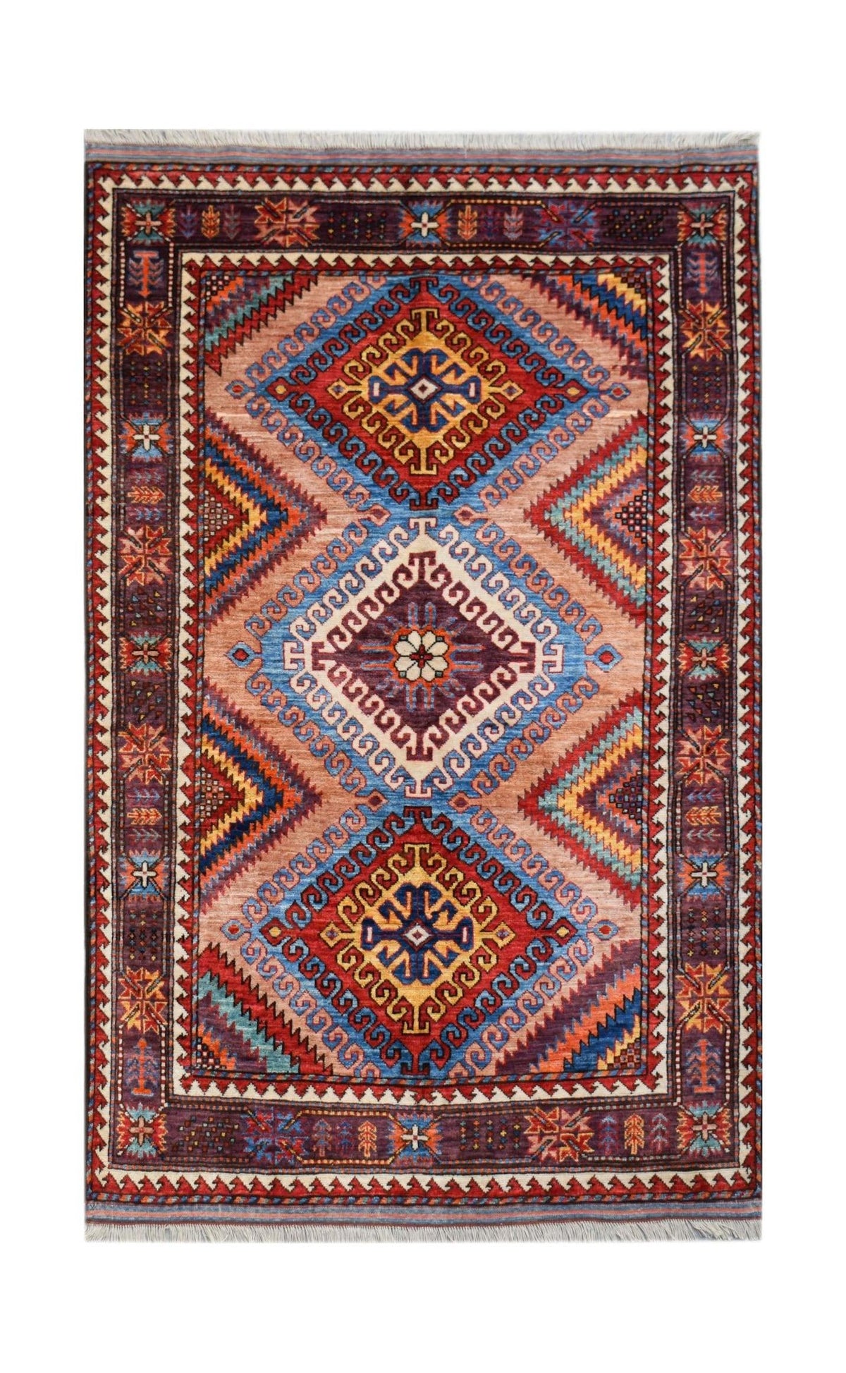 Hand-knotted Afghan Herati rug with a diamond lattice pattern in vibrant red, blue, and gold wool on a cotton base.