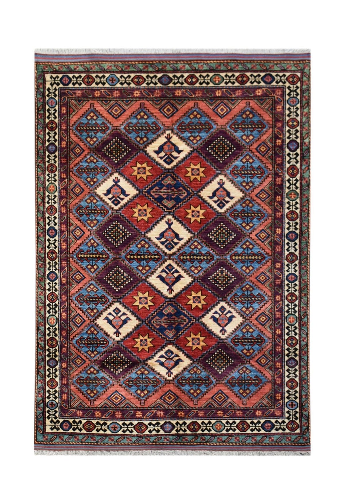 Hand-knotted Afghan Herati rug featuring a colourful diamond lattice pattern in red, blue, and cream with a fringed edge.