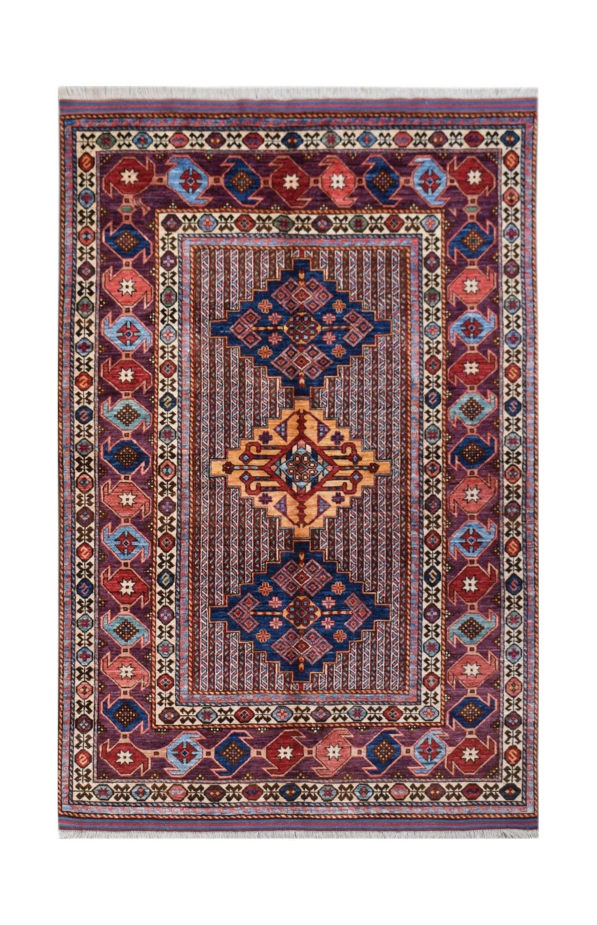 Hand-knotted Afghan Herati rug featuring a central diamond lattice, geometric motifs, and a deep red and blue wool pile.