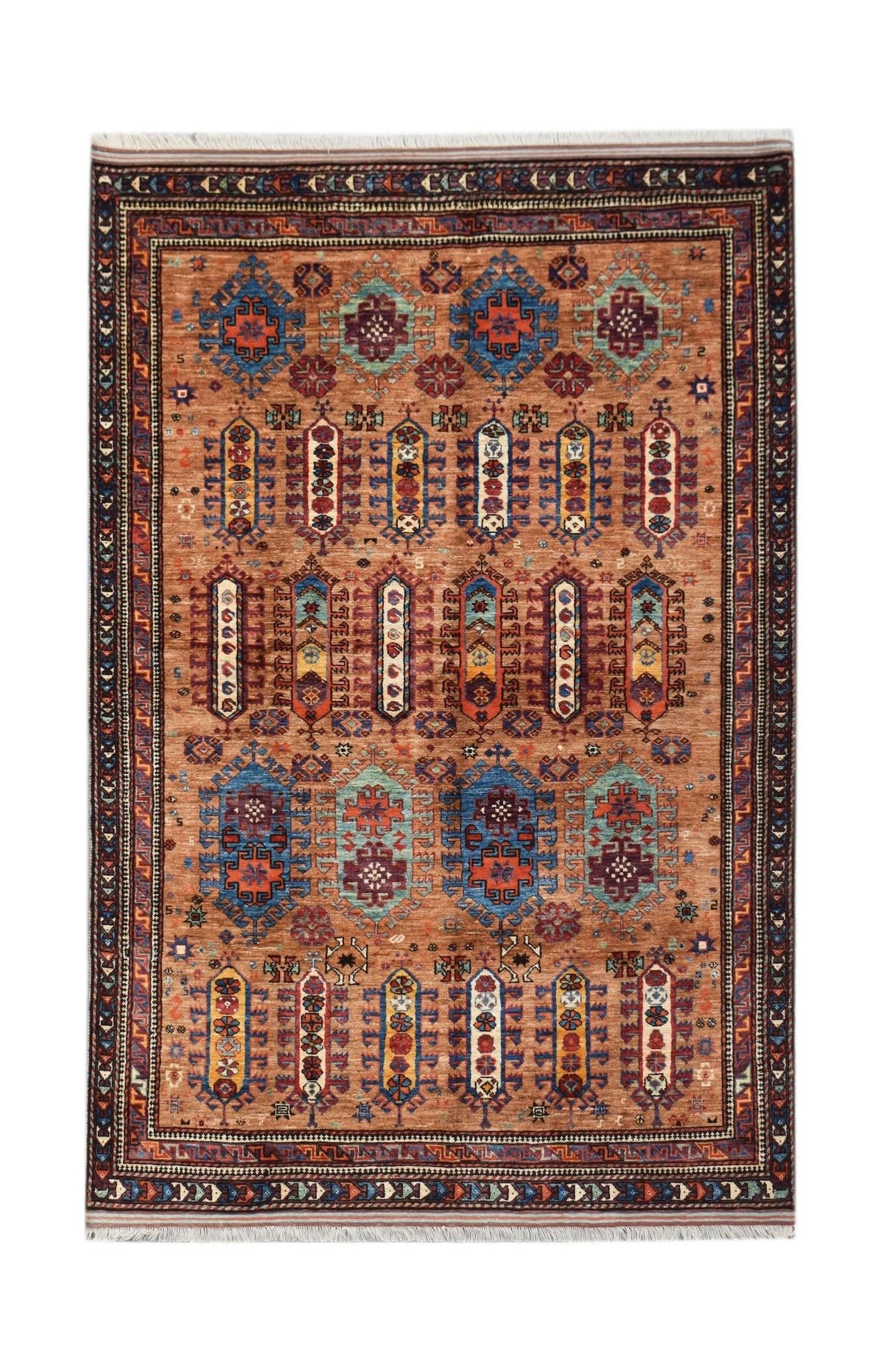 Hand-knotted Afghan Herati rug in rust orange with a multi-coloured diamond lattice pattern and fringed edges.