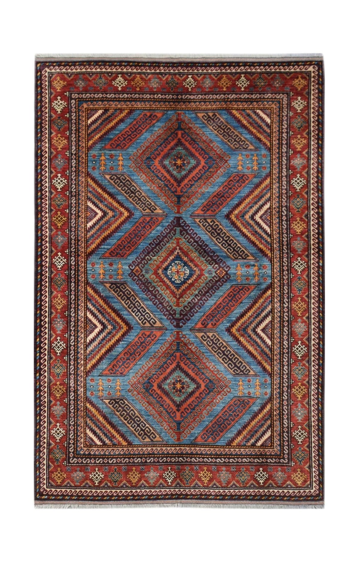 Hand-knotted Afghan Herati rug with a blue diamond lattice, red borders, and intricate geometric wool patterns.
