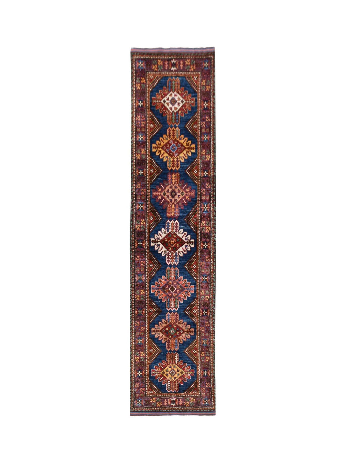 Hand-knotted Afghan Herati runner featuring a blue field with repeating geometric medallions in red, cream, and gold.