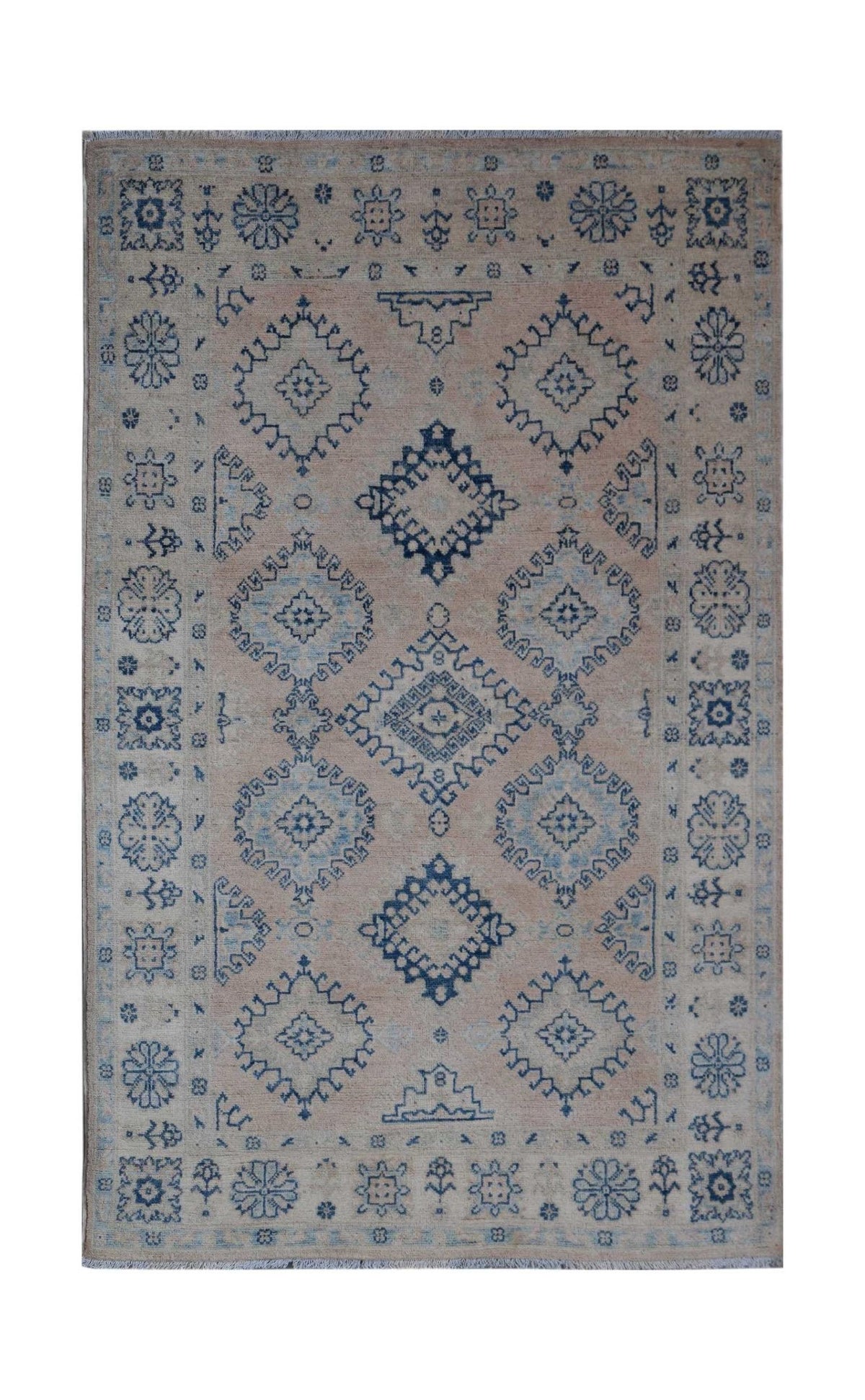 Handmade Afghan Kazakh rug featuring a geometric blue pattern on a light beige wool background.