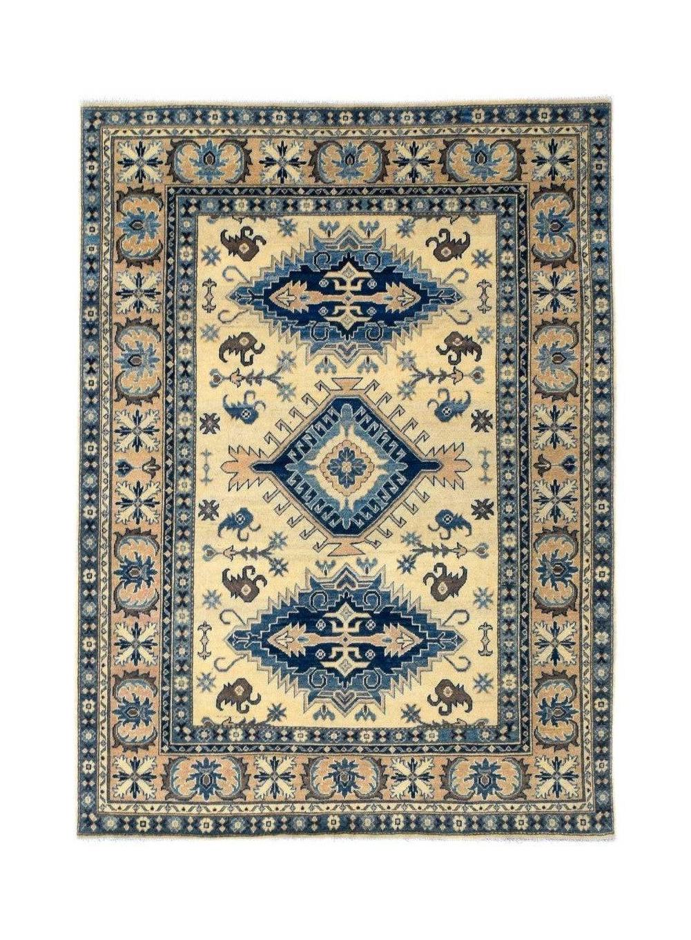 Handmade Afghan Kazakh rug featuring a traditional geometric pattern in blue and cream tones.