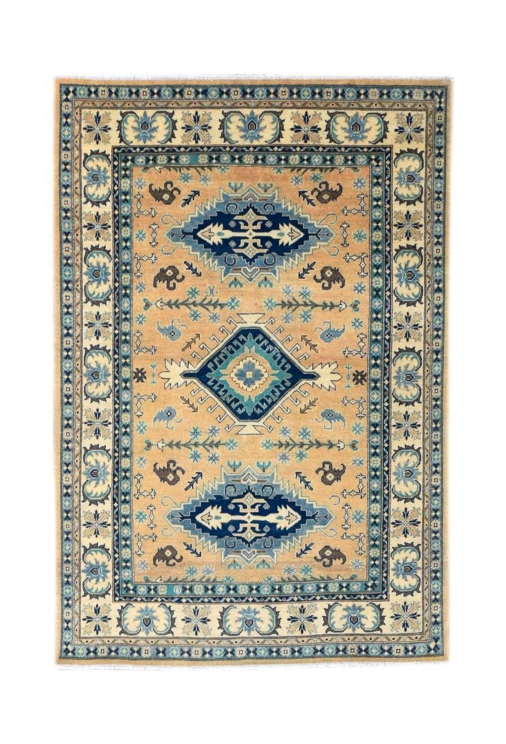 Handmade Afghan Kazakh rug featuring a beige field with blue geometric medallions and floral motifs.
