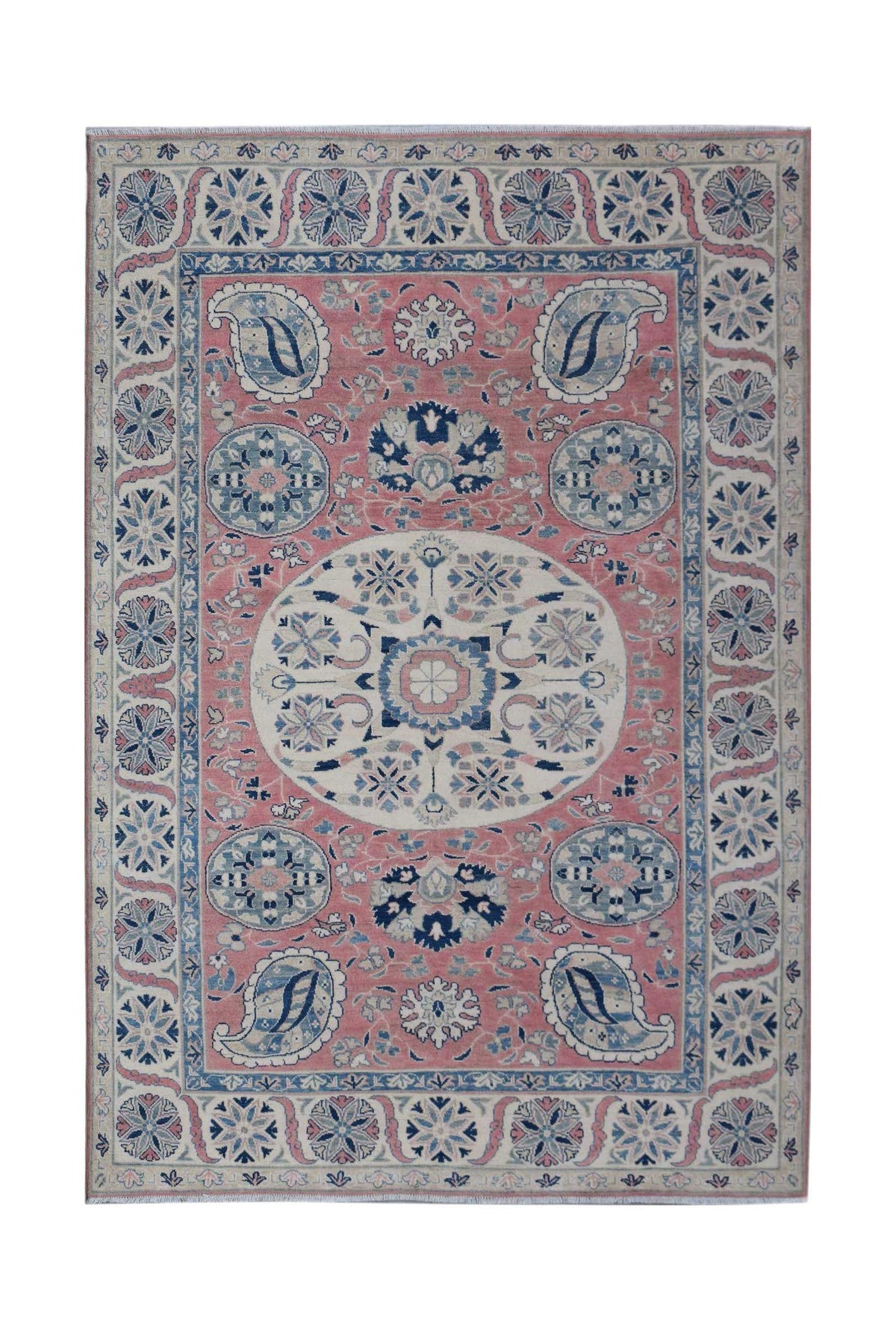 Handmade Afghan Kazakh rug featuring a central medallion and paisley motifs in pink and blue tones.