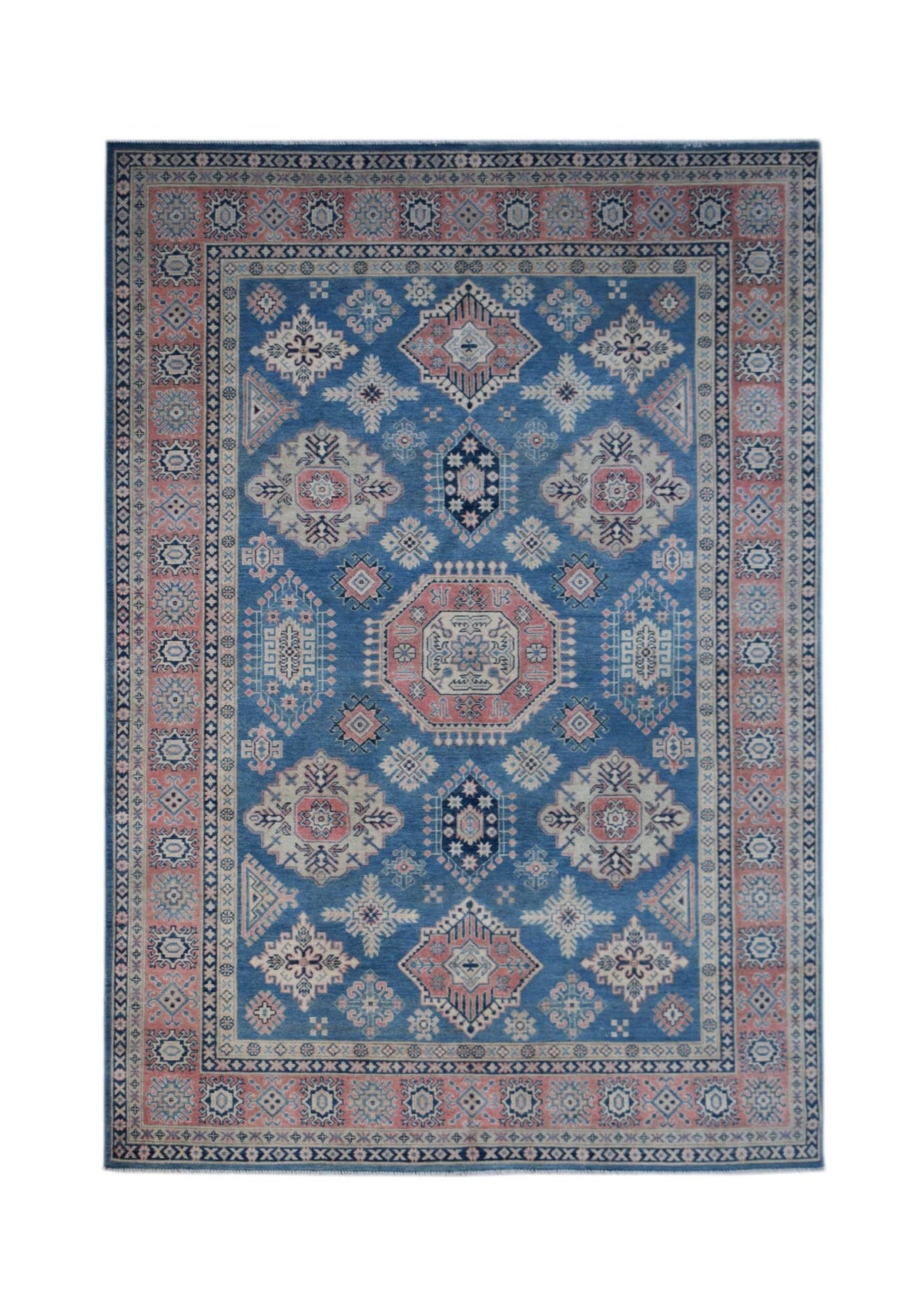 Handmade Afghan Kazakh rug featuring traditional geometric motifs in blue, pink, and cream tones.