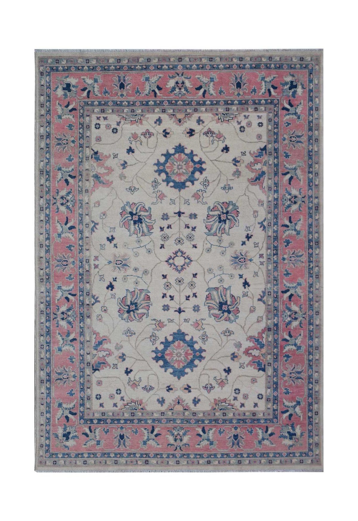 Handmade Afghan Kazakh rug featuring a cream field with pink and blue floral motifs and borders.