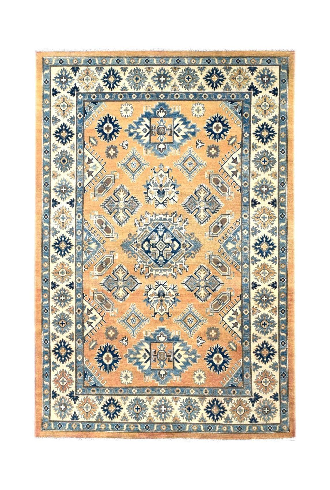Handmade Afghan Kazakh rug featuring traditional geometric patterns in blue and orange tones.