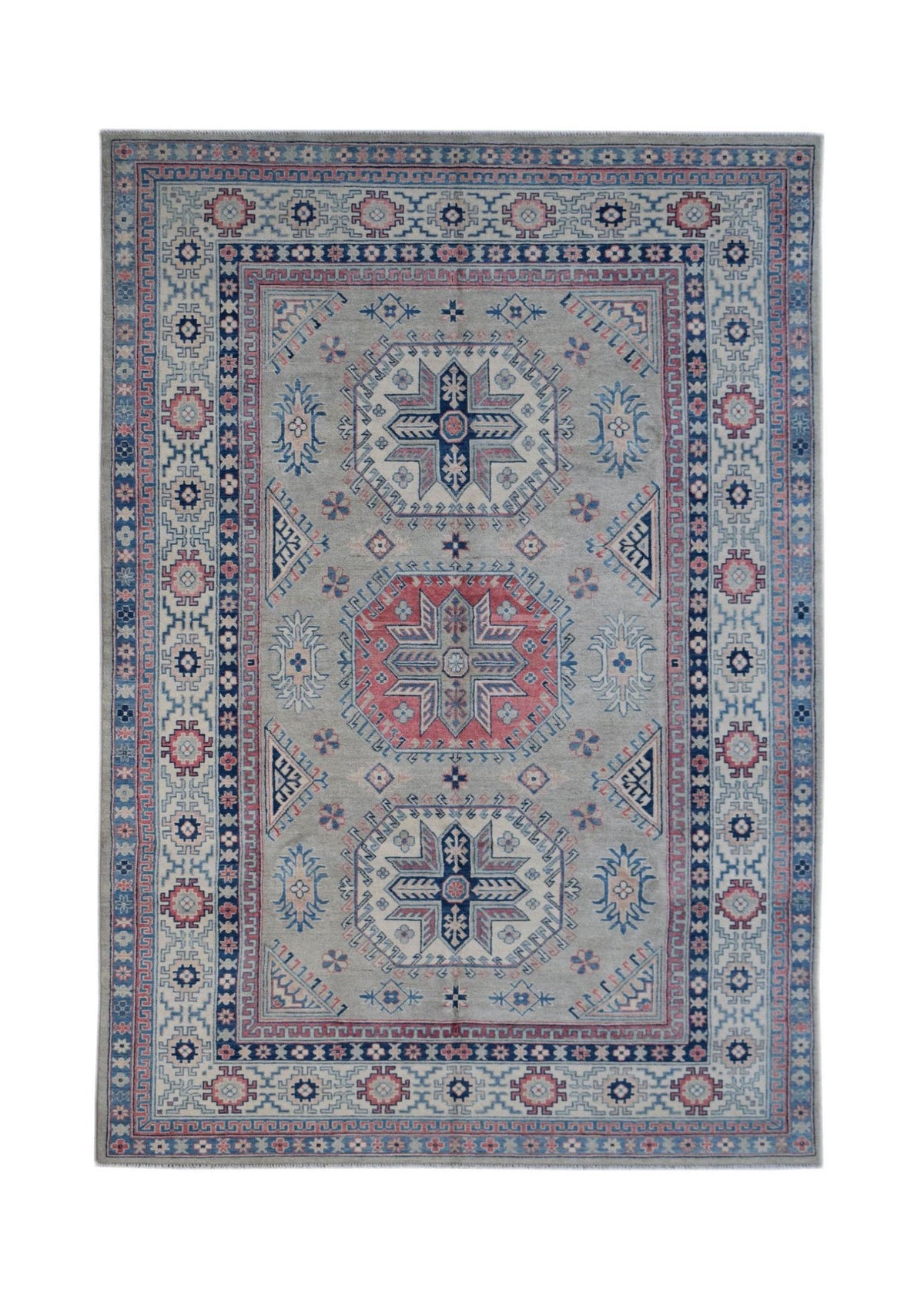 Handmade Afghan Kazakh rug featuring traditional geometric motifs in blue, red, and grey wool.