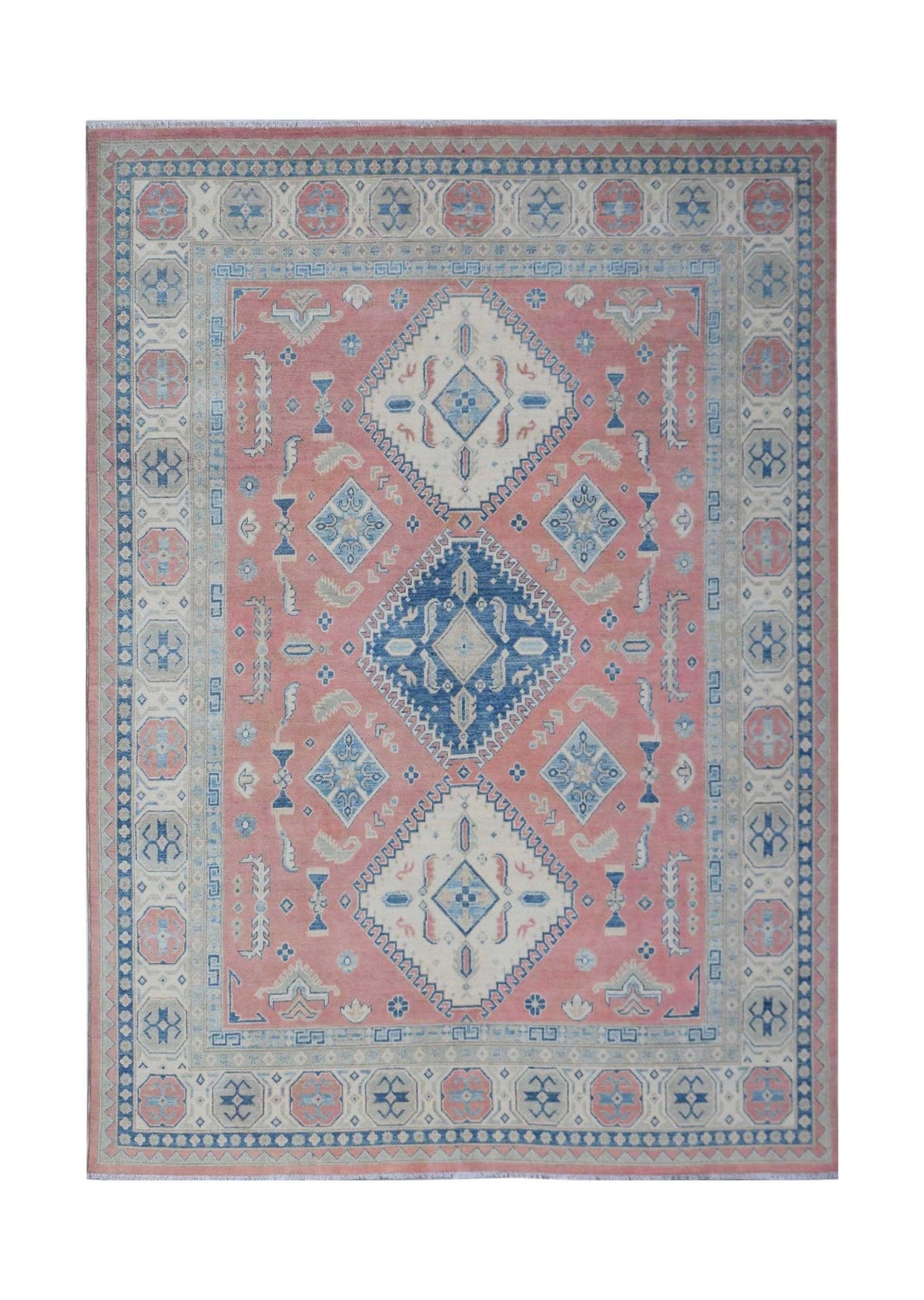 Handmade Afghan Kazakh rug featuring a central blue diamond medallion on a pink field.
