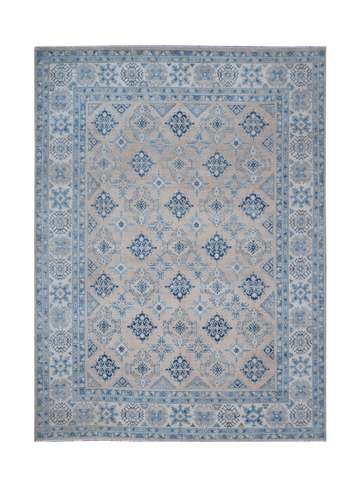Handmade Afghan Kazakh rug featuring a traditional blue and beige geometric pattern.