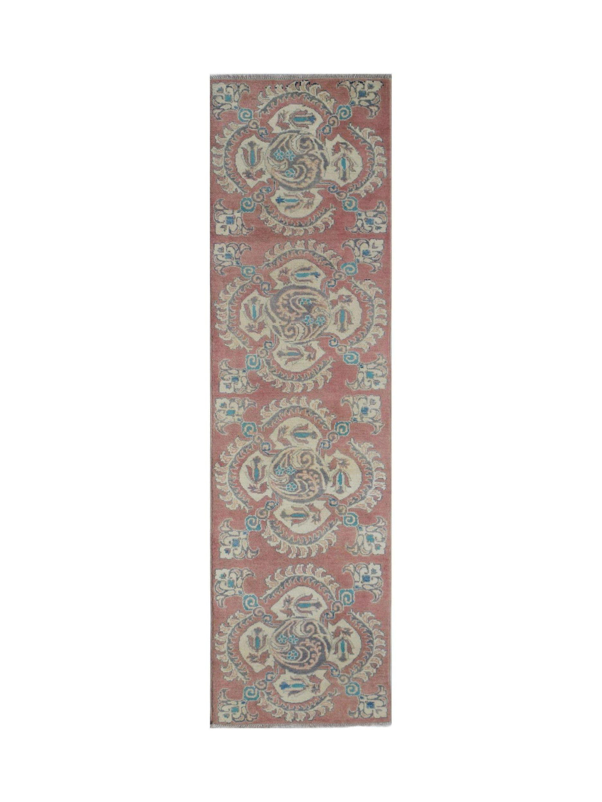 Handmade Afghan Kazakh runner rug featuring traditional floral motifs in pink, blue, and cream.