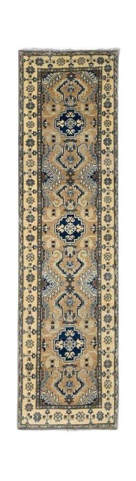Handmade Afghan Kazakh runner rug featuring a beige field with blue and grey geometric motifs.