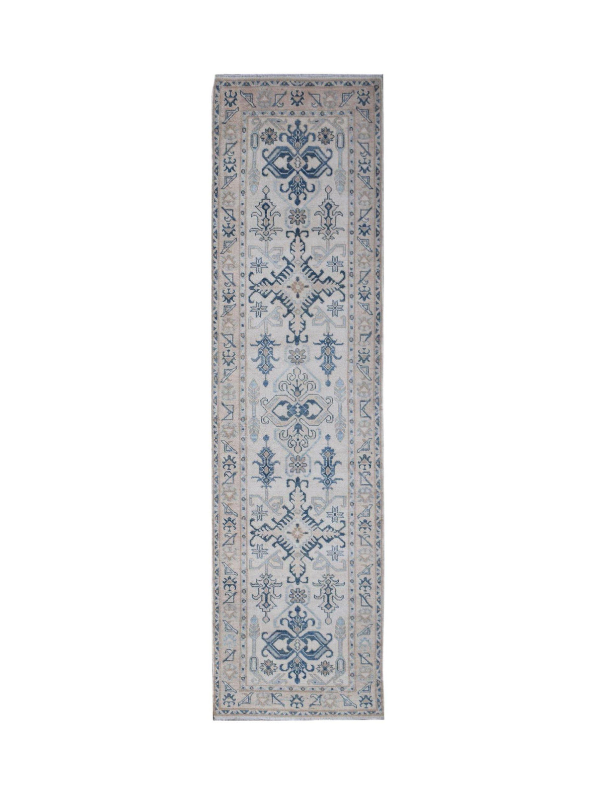 Afghan Kazakh runner with blue and beige geometric medallions, hooked motifs, and a structured border on a cream field.