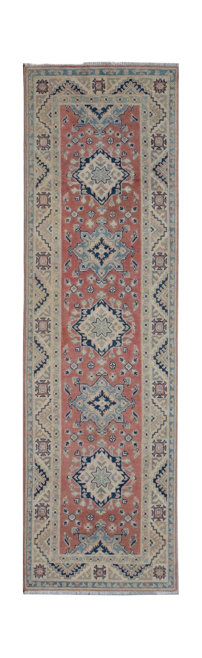 Handmade Afghan Kazakh runner rug featuring traditional geometric motifs in red, blue, and cream.