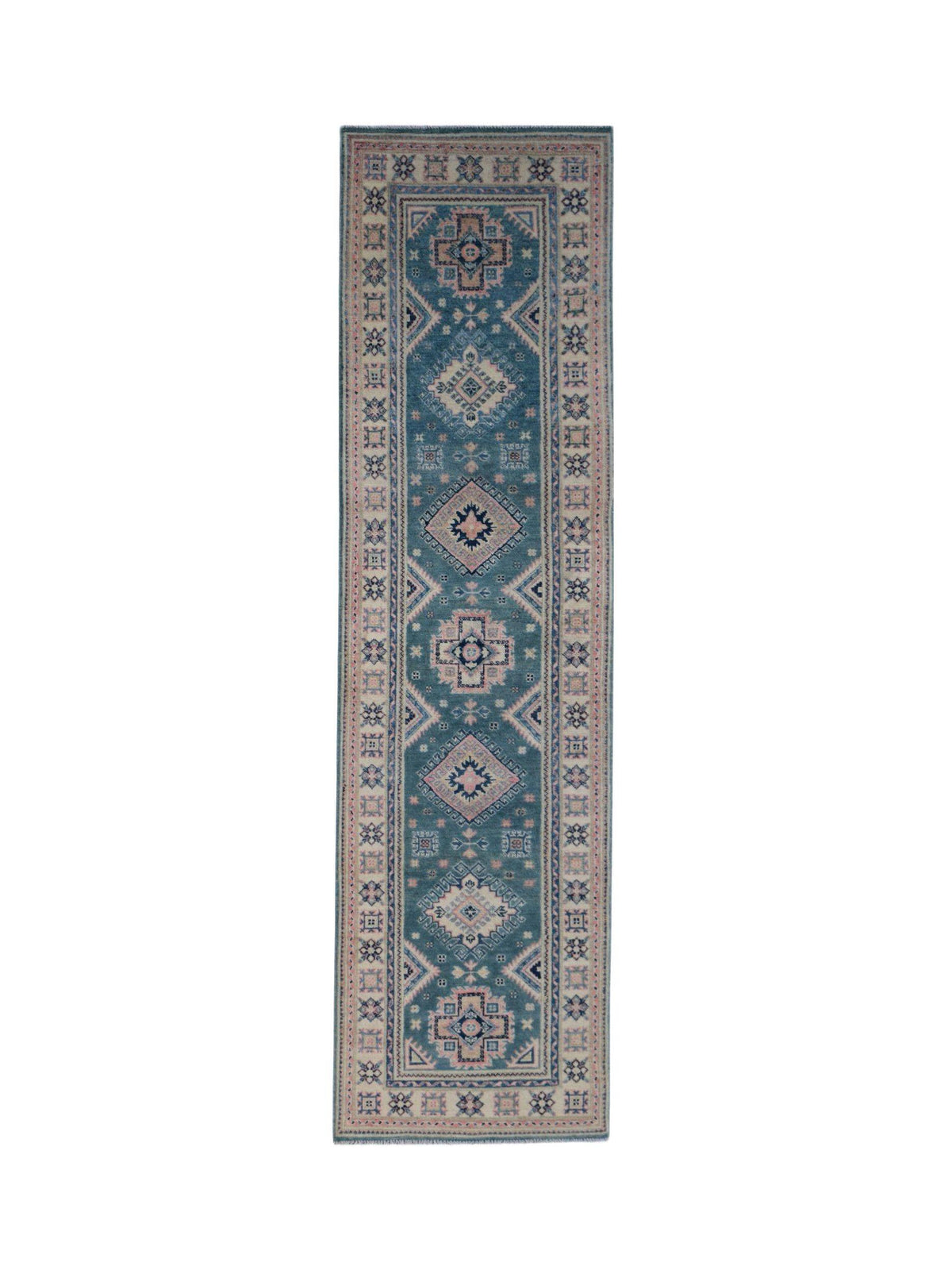 Afghan Kazakh runner featuring blue field with geometric medallions in pink and cream, framed by detailed borders.