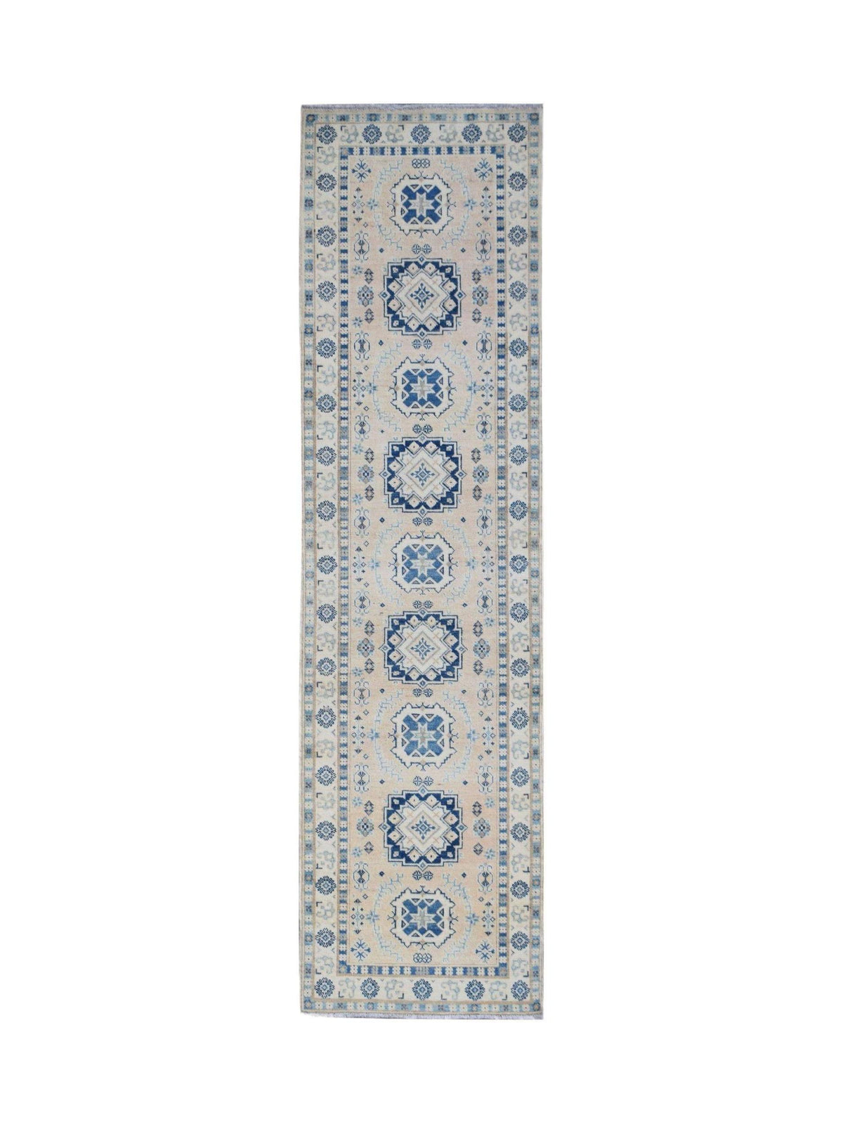 Afghan Kazakh runner with blue geometric medallions on a cream field and a structured border with short fringe.
