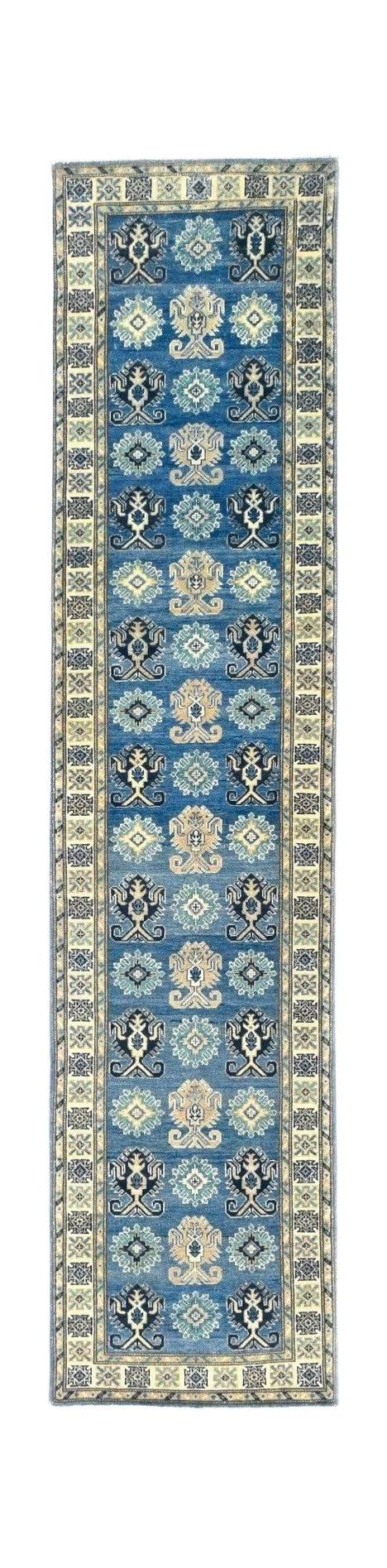 Handmade Afghan Kazakh runner rug featuring a blue field with repeating geometric motifs.
